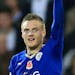 Leicester City's Jamie Vardy, center, celebrates scoring his side's third goal of the game during their English Premier League soccer match against We