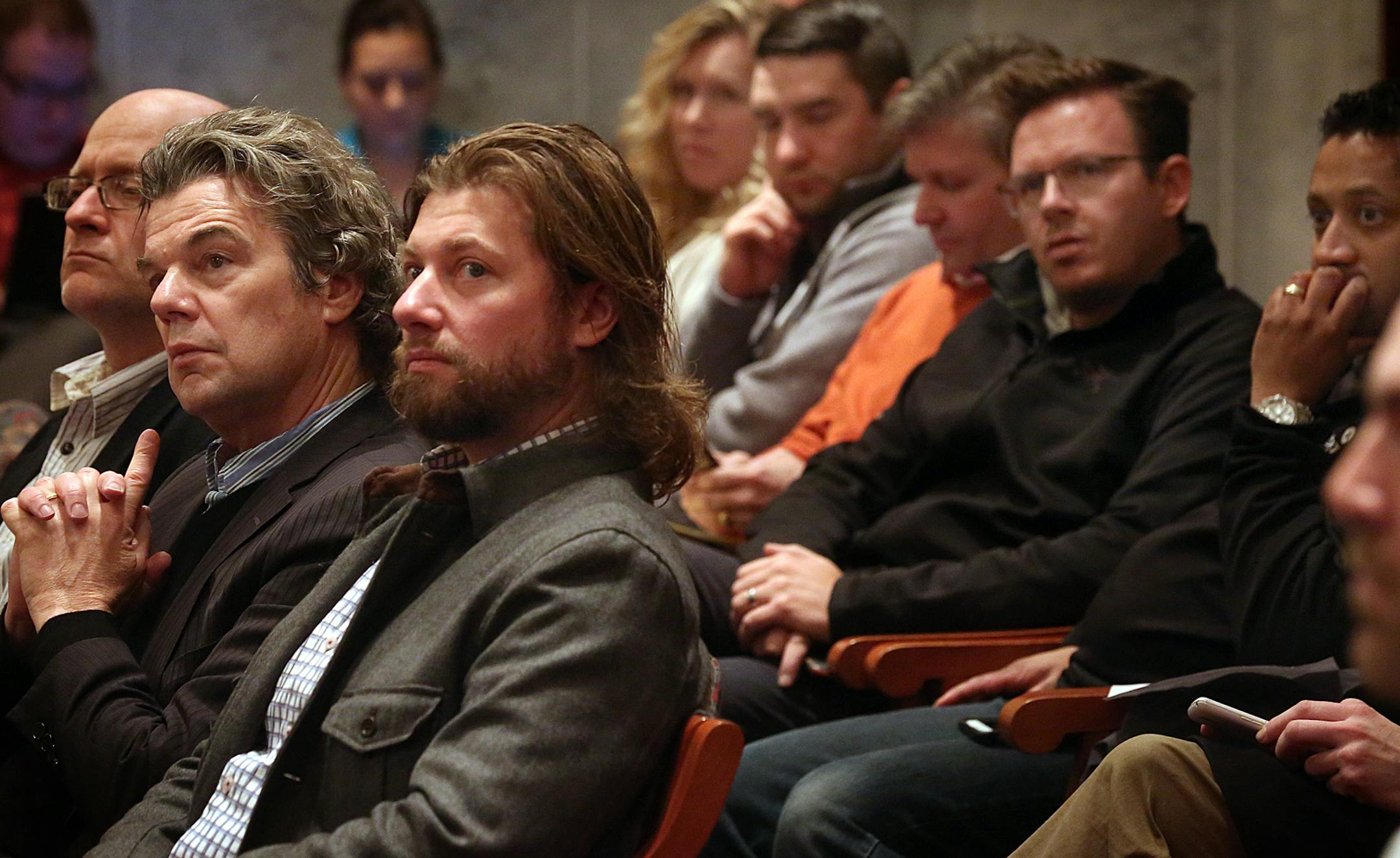 Jim Graves (second from left) and his son, Ben (third from left) attended a public hearing at the Zoning and Planning Committee of the Minneapolis City Council Chambers regarding appeals to a conditional use permit and variances a new hotel planned for the Uptown neighborhood. Residents (some behind Graves) attended the hearing as well. ] JIM GEHRZ ï james.gehrz@startribune.com /Minneapolis, MN / March 3, 2016 /9:30 AM ñ BACKGROUND INFORMATION: A proposal to build a hotel in Uptown is