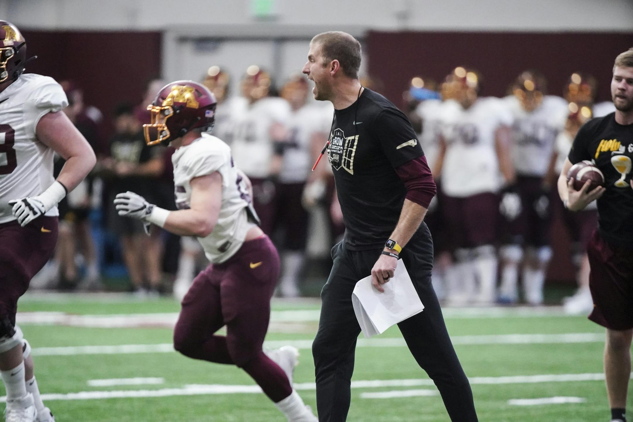 New offensive coordinator Mike Sanford Jr. during the first open Gopher football practice at the University of Minnesota in Minneapolis, Minn., on Friday, March 6, 2020.