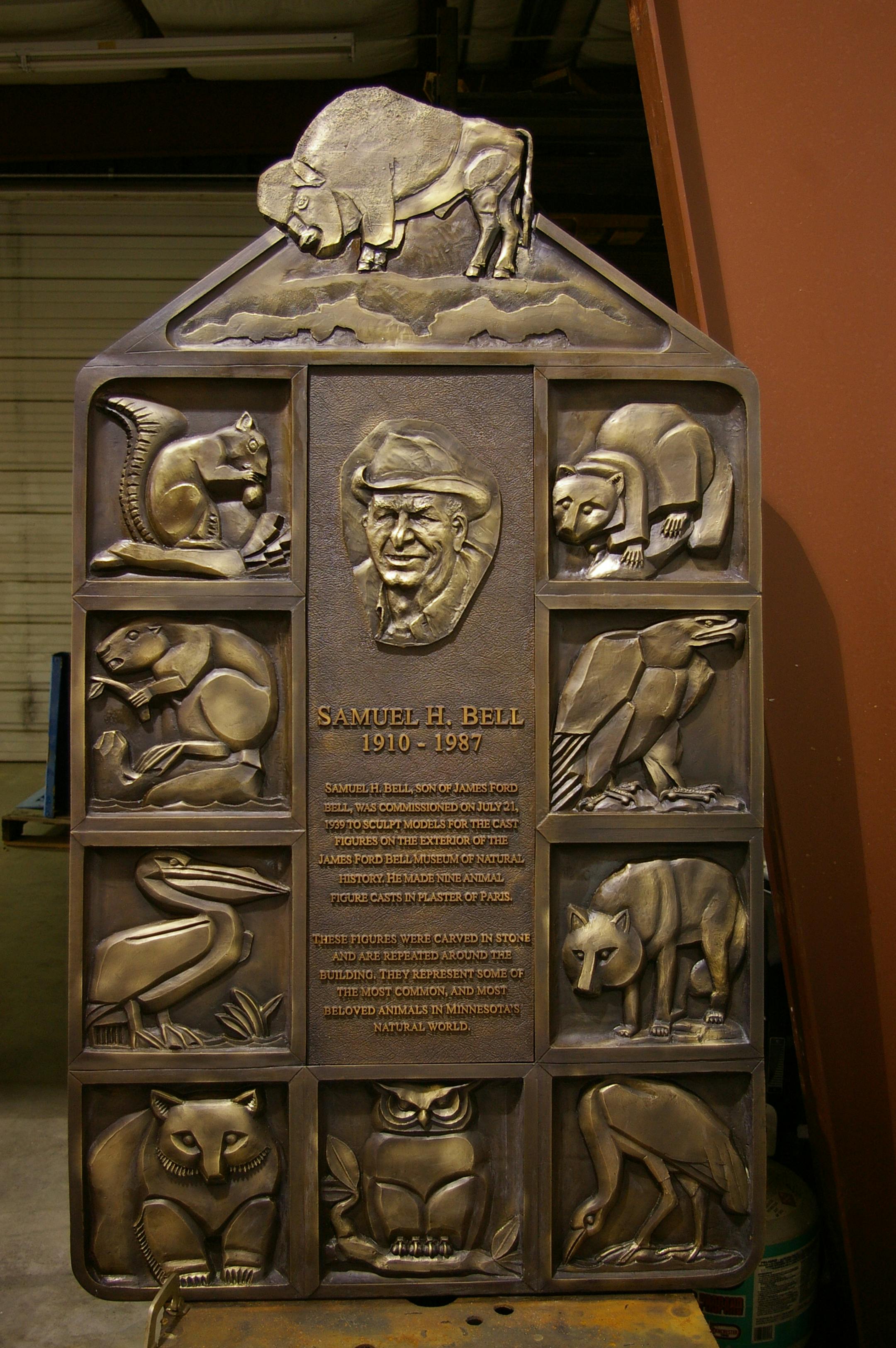 A new sculpture at the University of Minnesota's Bell Museum of Natural History honors 10 signature animals of Minnesota and Samuel H. Bell, a son of the museum's namesake, who sculpted the same animals on the museum's exterior.
