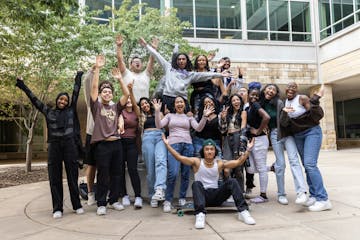 Dougherty Family College students posed for group photos outside of Terrence Murphy Hall on Sept. 14 in Minneapolis.