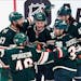 The Wild's Kirill Kaprizov is swarmed by teammates congratulating him on his goal in the first period Thursday.