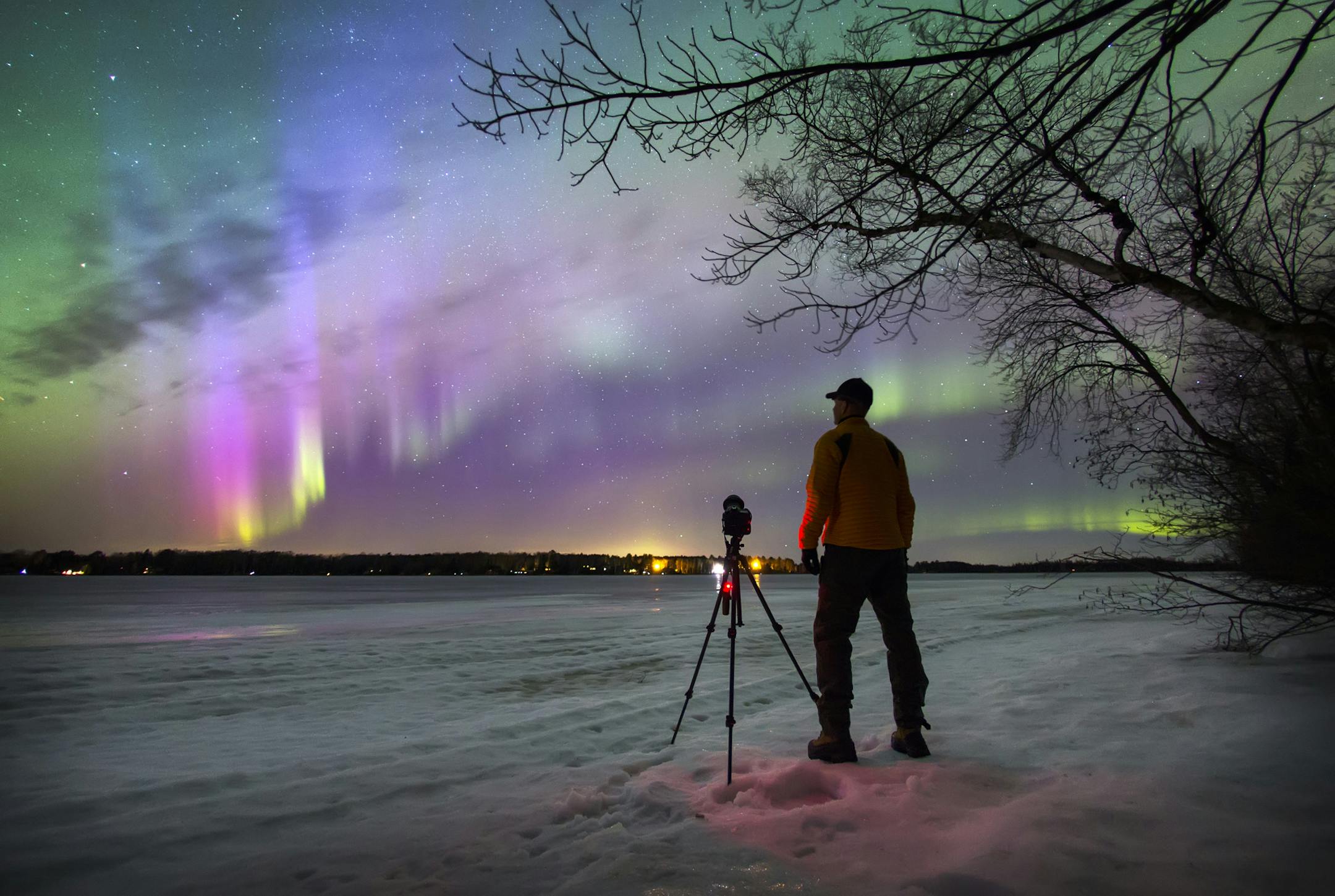 A severe solar storm smacked Earth with a surprisingly big geomagnetic jolt Tuesday, giving us in Minnesota a chance to catch the colorful northern lights that lit up the sky Tuesday night into Wednesday morning. Here, Kevin Peterson records the scene over Lake Elora north of Duluth. ] BRIAN PETERSON &#x2022; brianp@startribune.com Canyon, MN - 3/17/2015