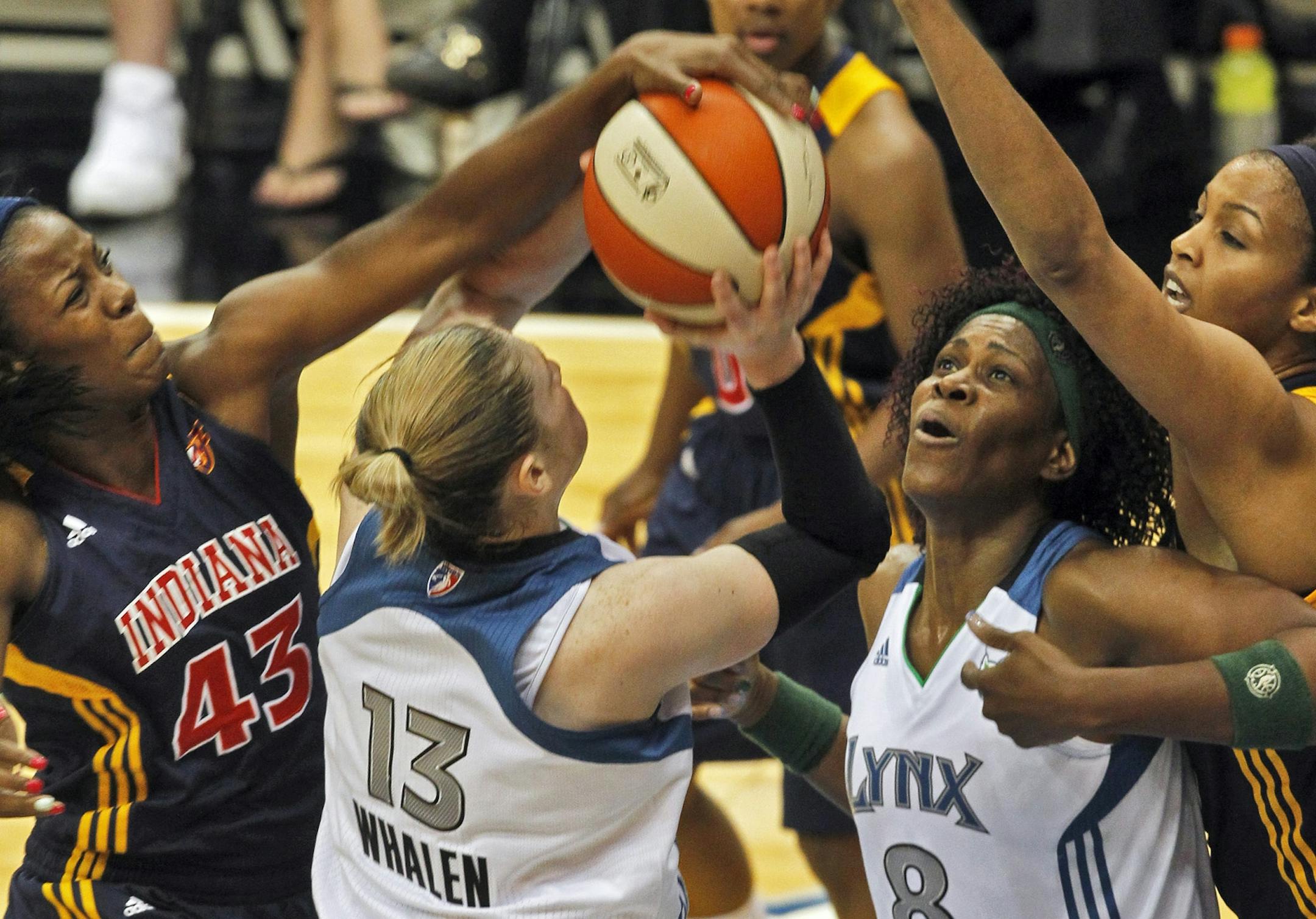 Lynx Lindsay Whalen had her shot blocked by Indiana's Shyra Ely (43)