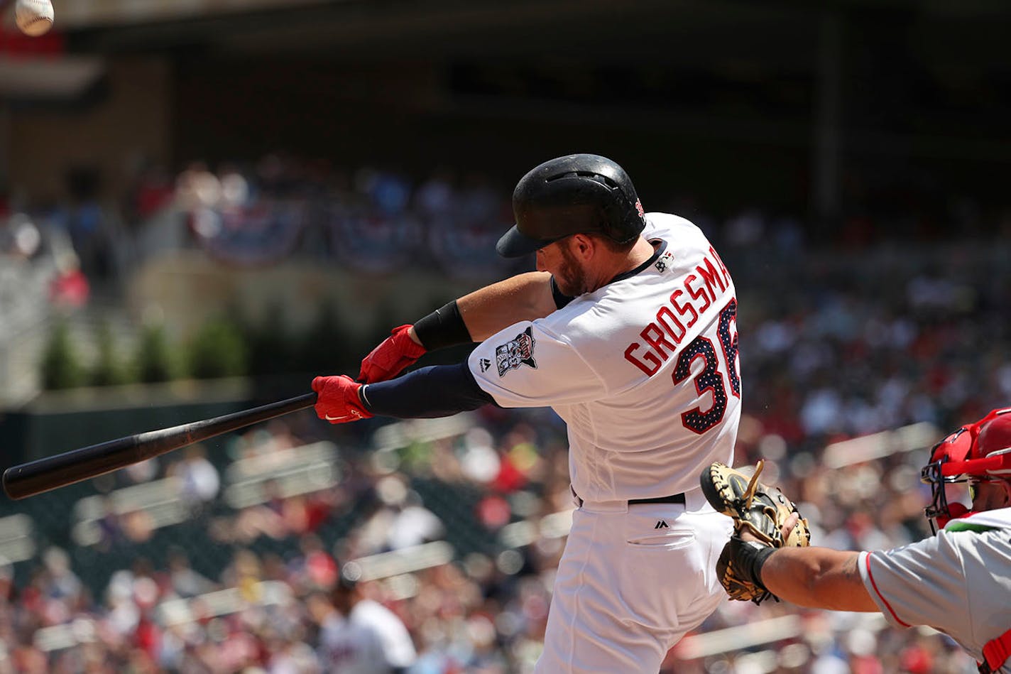 Minnesota Twins right fielder Robbie Grossman (36) hit a foul ball before a connecting for a double in the fifth inning Tuesday.