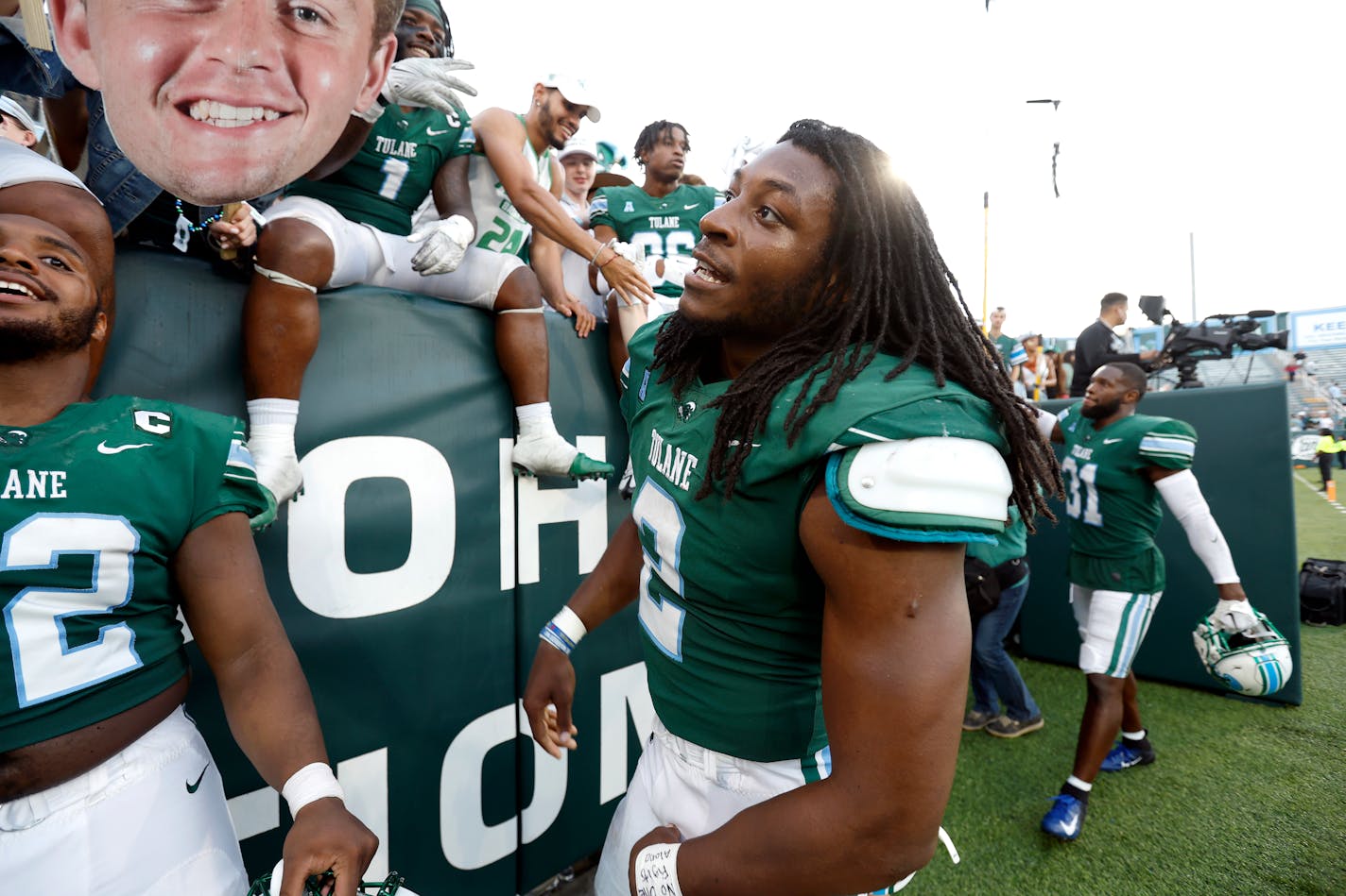 Tulane linebacker Dorian Williams (2) after an NCAA college football game against Memphis in New Orleans, Saturday, Oct. 22, 2022. Tulane won 38-28. (AP Photo/Tyler Kaufman)