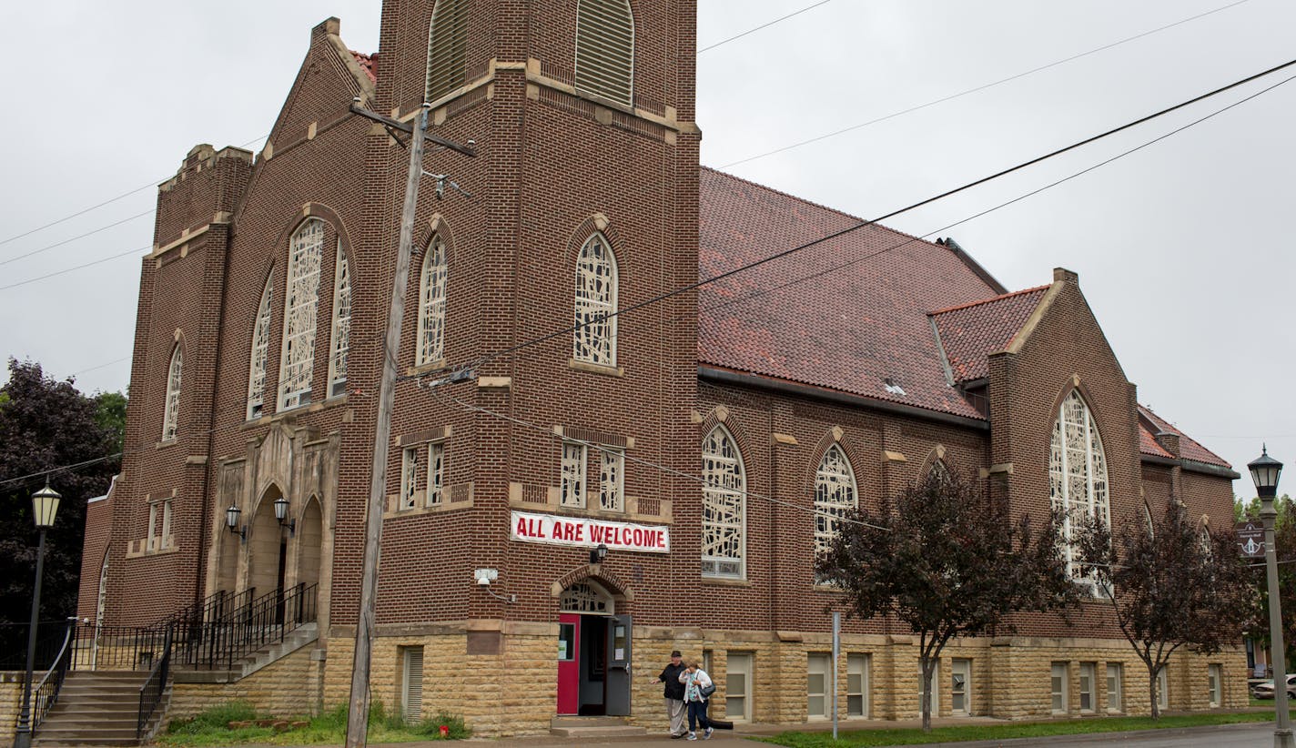 People exit the Listening House at First Lutheran Church. ] COURTNEY PEDROZA &#x2022; courtney.pedroza@startribune.com; The Listening House at First Lutheran Church; a day shelter for the homeless and needy; Aug. 3, 2017; St. Paul