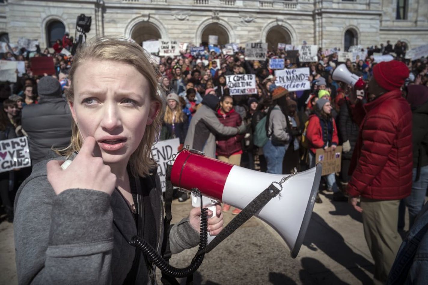 Nicole Benson of Highland Park Senior High led students in chants for gun control on the steps of the Capitol on Wednesday, March 7. Several hundred students marched from St. Paul's Central High to the Capitol to protest gun violence in schools.