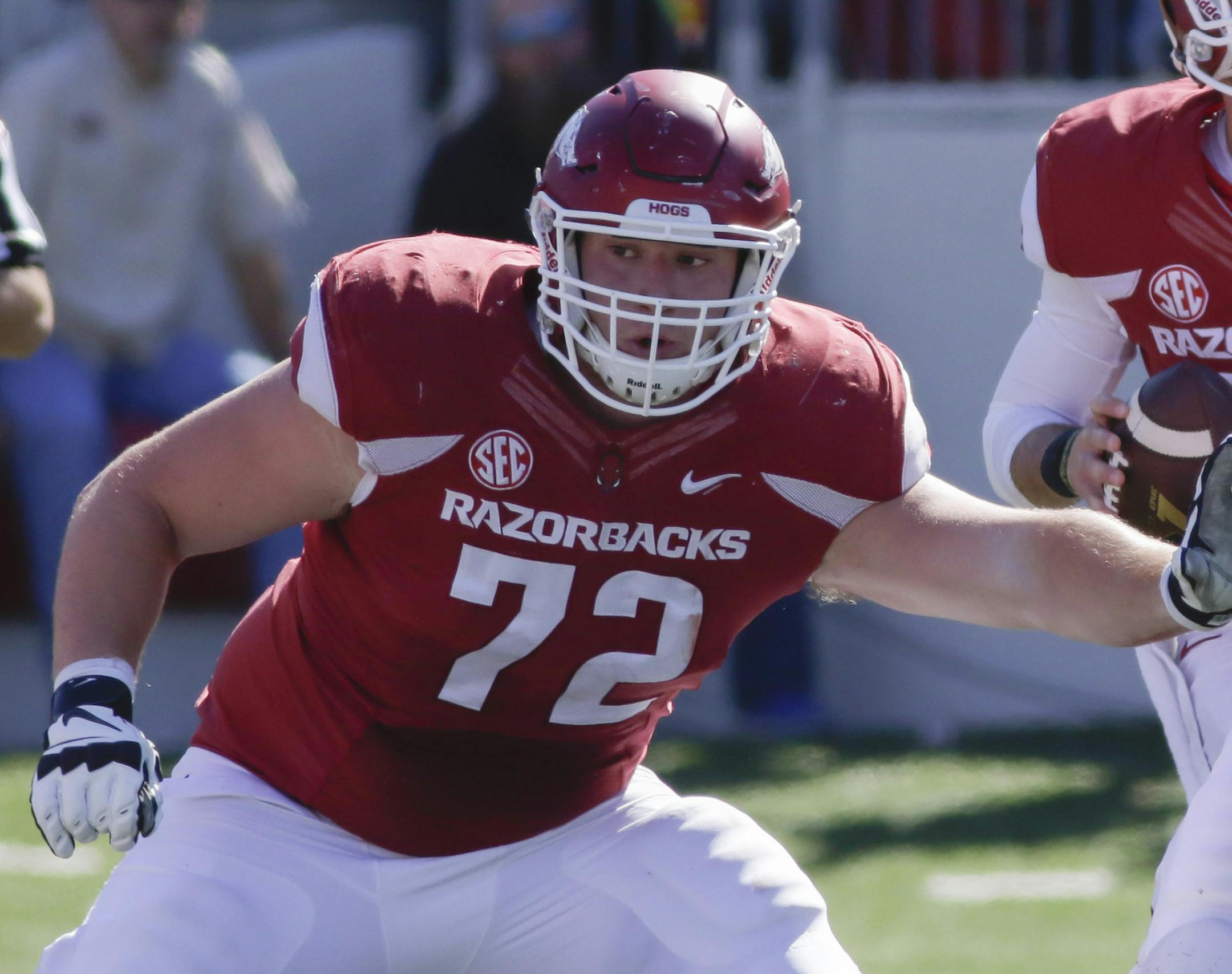 Arkansas offensive lineman Frank Ragnow defends against Toledo in the first half of an NCAA college football game in Little Rock, Ark., Saturday, Sept. 12, 2015. (AP Photo/Danny Johnston) ORG XMIT: OTKDJ127