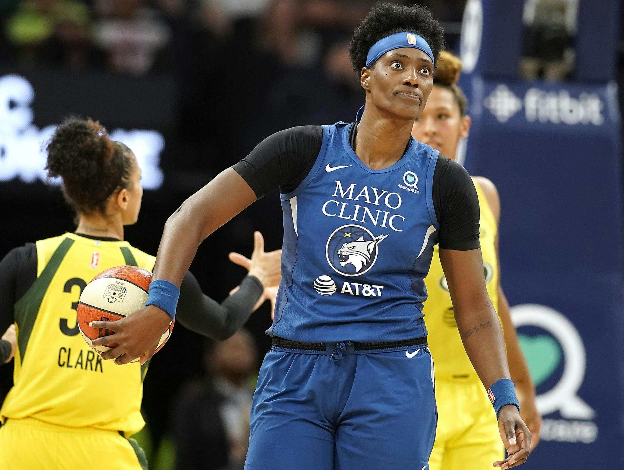 Minnesota Lynx center Sylvia Fowles (34) expresses frustration after being called on a foul during the first half. ] LEILA NAVIDI • leila.navidi@startribune.com BACKGROUND INFORMATION: The Minnesota Lynx play against the Seattle Storm at Target Center in Minneapolis on Wednesday, July 17, 2019.