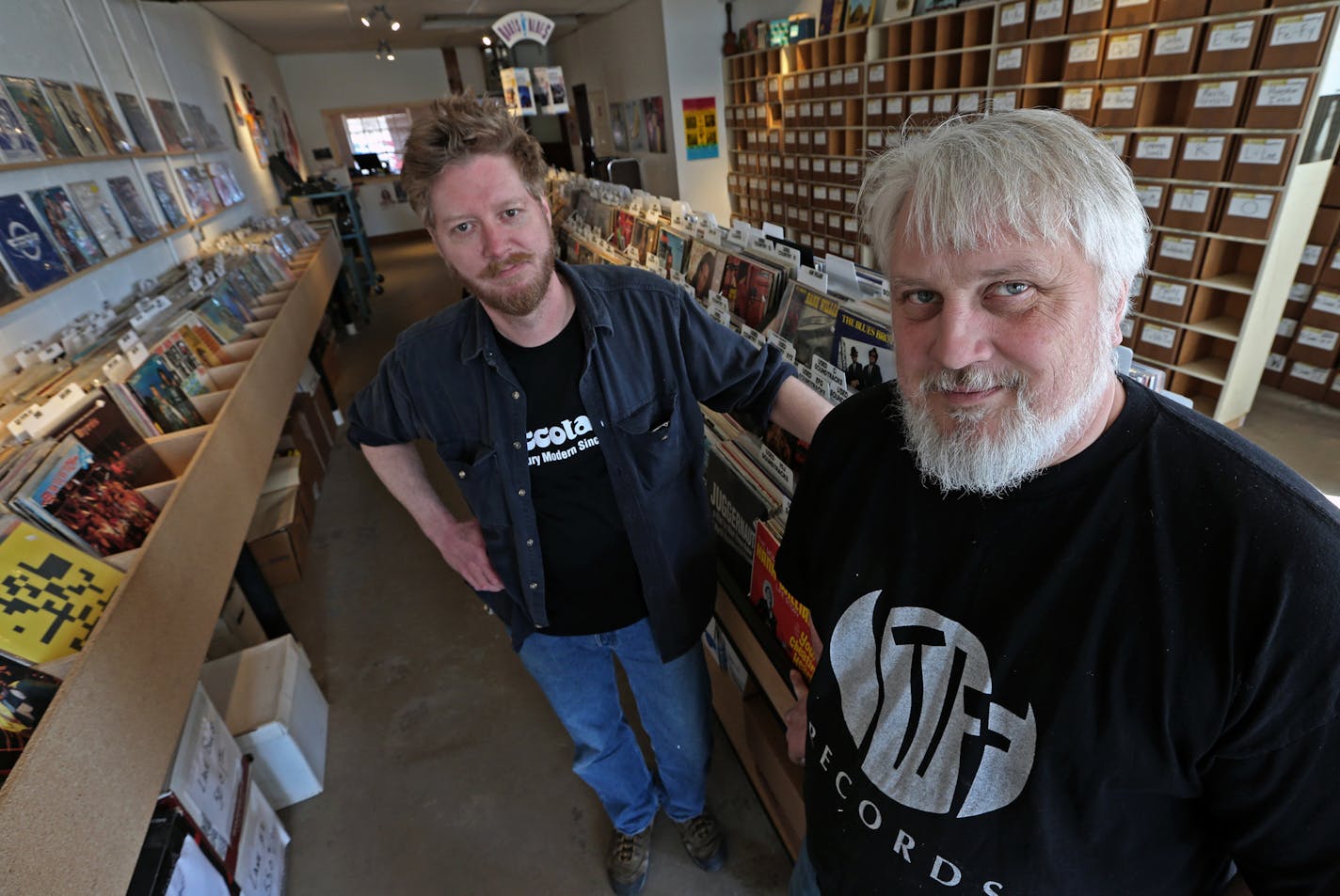 (left to right) Barely Borthers Records in St. Paul co-owners, Spencer Brooks and Mike Elias, photographed on 4/11/14.] Bruce Bisping/Star Tribune bbisping@startribune.com Spencer Brooks, Mike Elias/source.