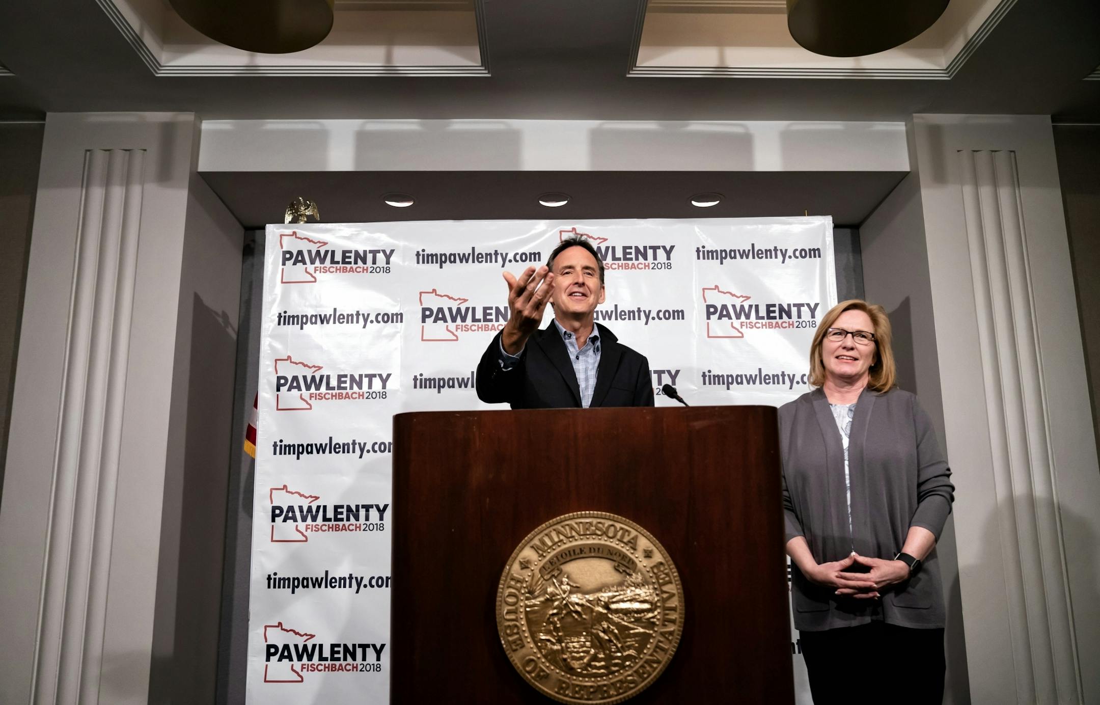 Former Gov. Tim Pawlenty announced Lt. Governor Michelle Fischbach as running mate as he runs for a third term.