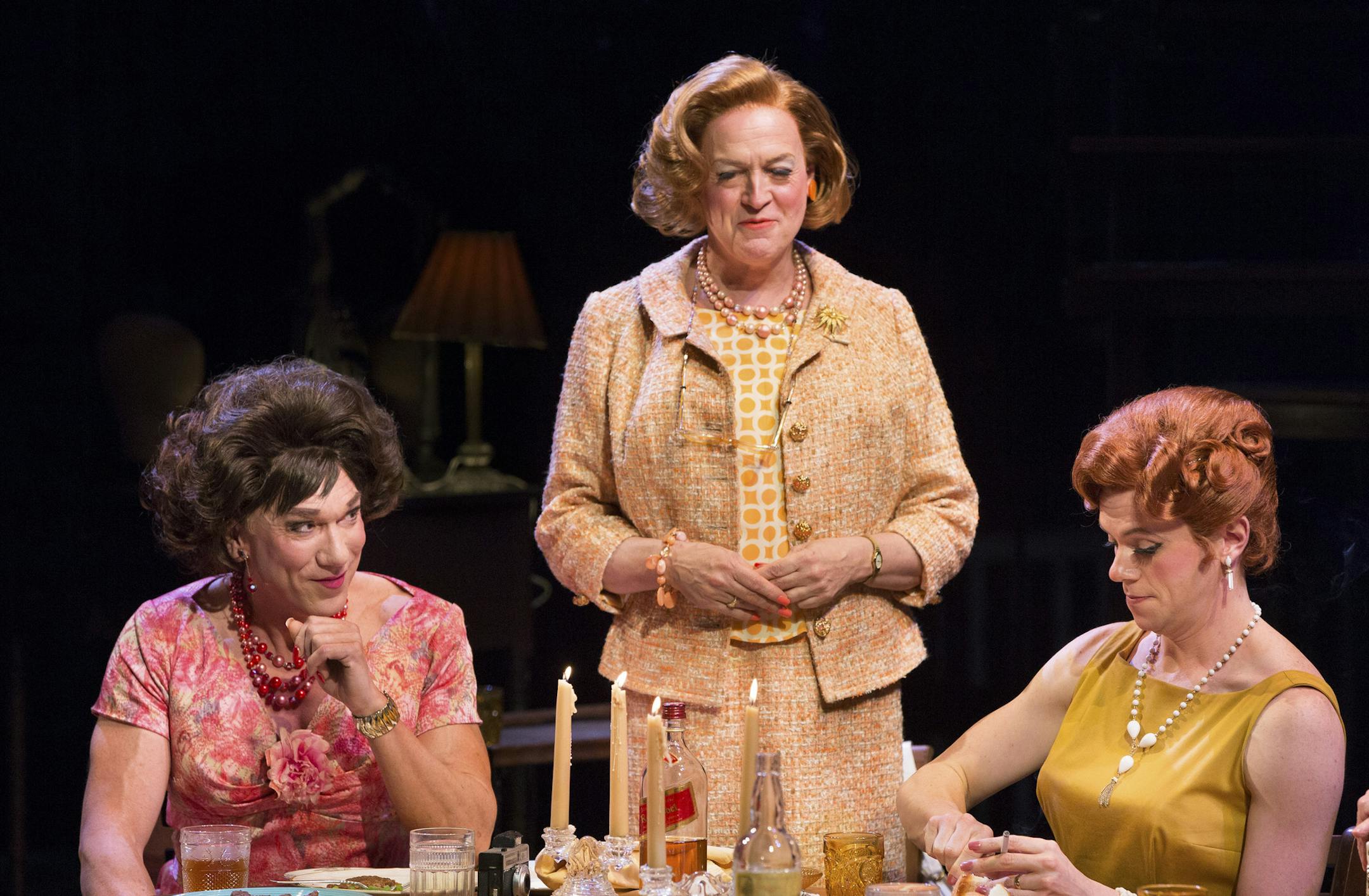 From left: Patrick Page, Reed Birney and Nick Westrate in "Casa Valentina" in New York, April 1, 2014. Blending masculinity and femininity, the production is inspired by a real Catskills resort where 1960s cross-dressers could shed their gray flannel suits and bond in their alternate persona without compromising their maleness. (Sara Krulwich/The New York Times) -- PHOTO MOVED IN ADVANCE AND NOT FOR USE - ONLINE OR IN PRINT - BEFORE APRIL 13, 2014. ORG XMIT: XNYT23