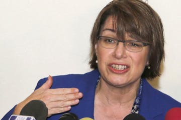 Senator Amy Klobuchar of Minnesota speaks during a press conference with fellow senators Claire McCaskill of Missouri, left, and Mark Warner of Virgin