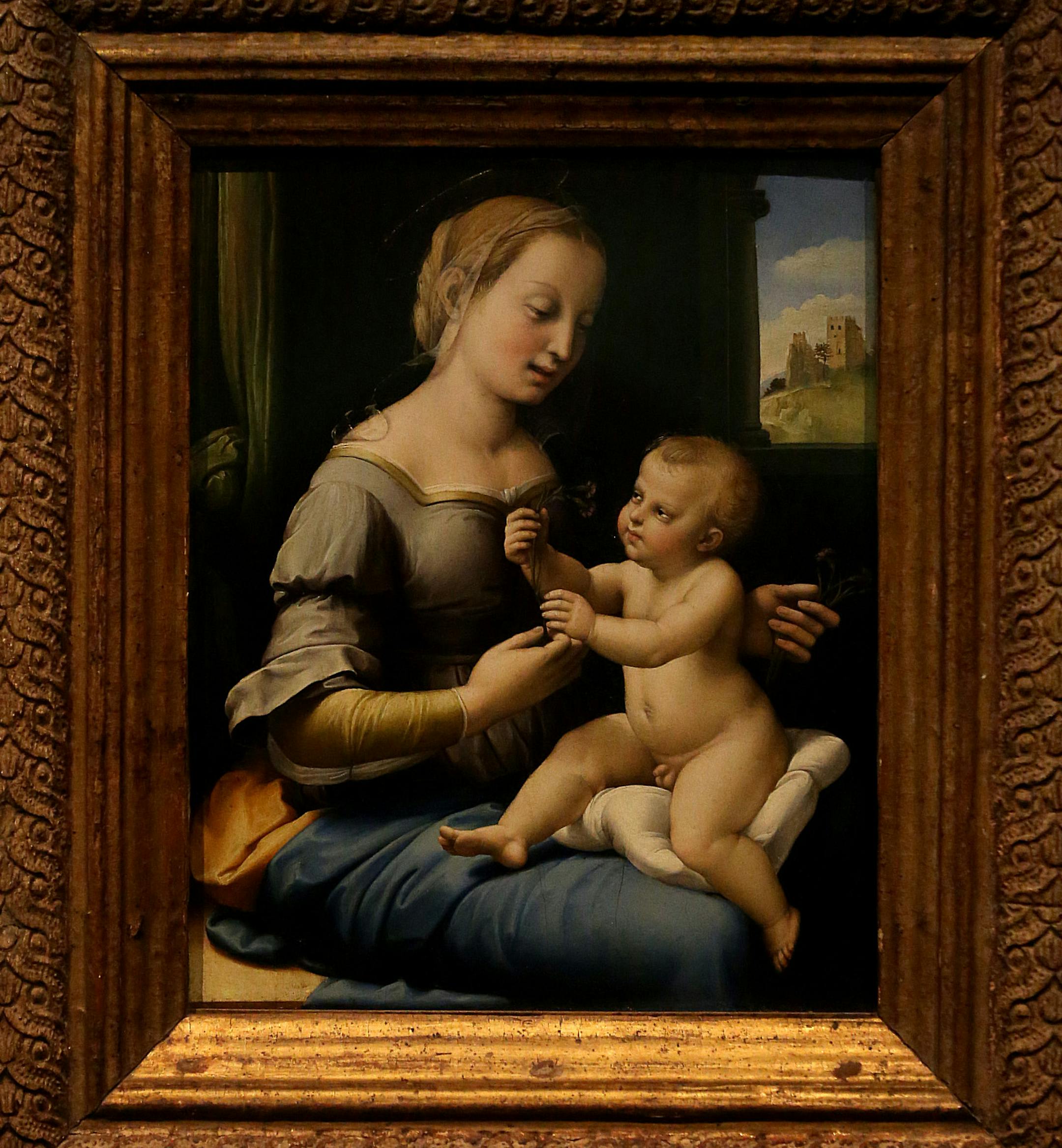 A painting by Italian artist Raphael, (1483-1520) was unveiled at the Minneapolis Institute of Arts Friday morning. The painting, lent to MIA by the National Gallery, London, is The Madonna of the Pinks, c. 1506-7, oil on panel (yew tree). ] JIM GEHRZ &#xef; james.gehrz@startribune.com / Minneapolis, MN / May 15, 2015 / 10:00 AM &#xf1; BACKGROUND INFORMATION: Friday morning 5/15/15 the Minneapolis Institute of Arts will unveil the second of its REALLY BIG SURPRISES which, hints suggest, will be