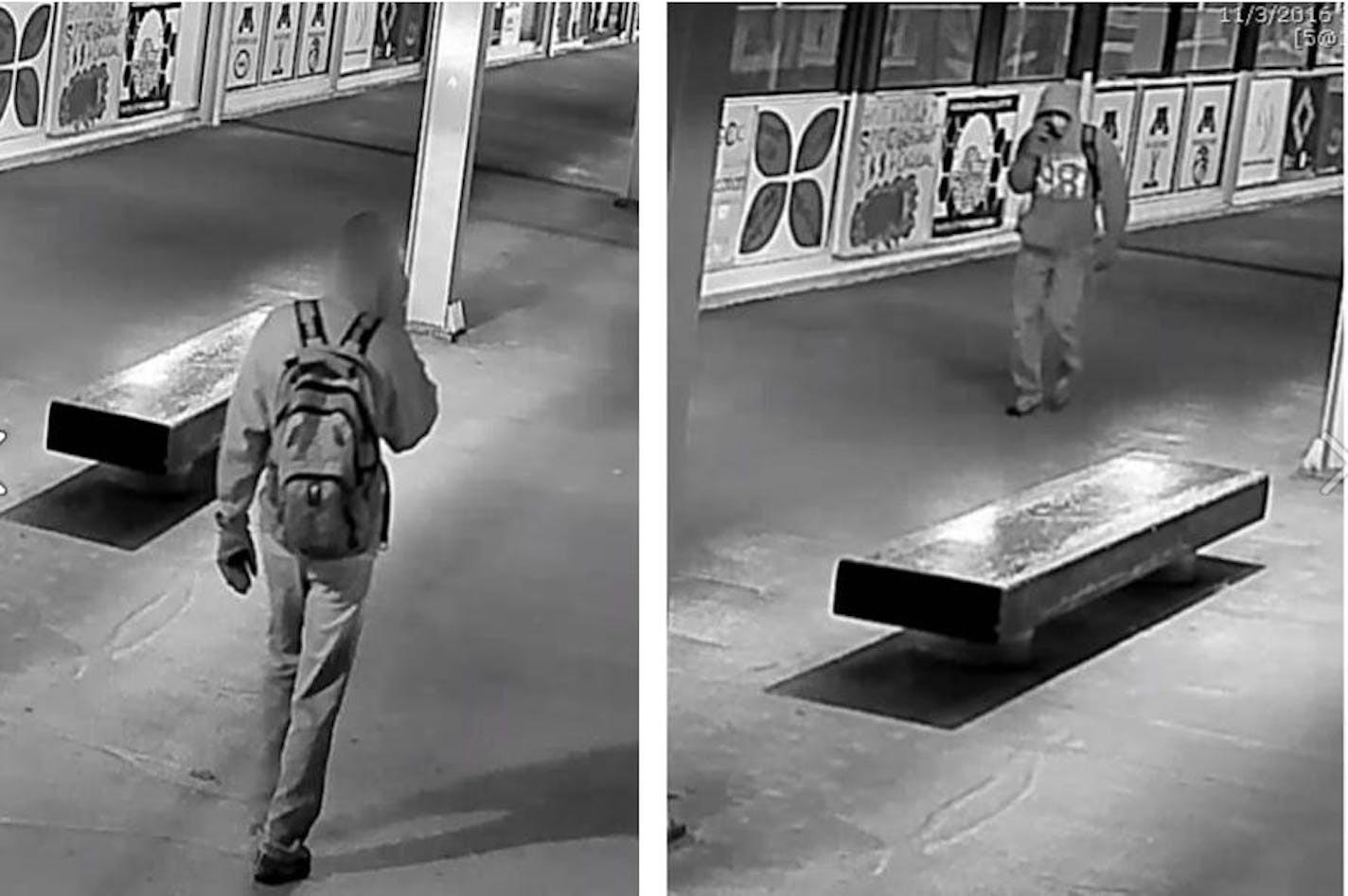 Police released these images of a person of interest in a graffiti incident on the University of Minnesota campus. In the incident, a suspect sprayed the word "ISIS" on a Muslim Student Association banner.