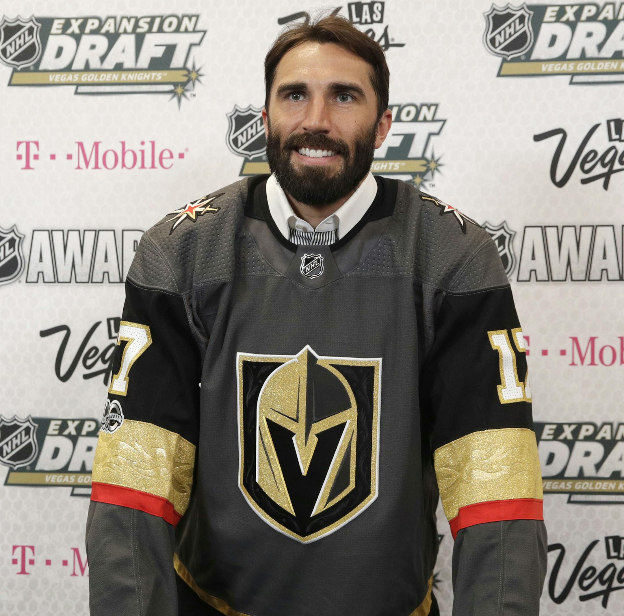 Vegas Golden Knights' Chris Thorburn poses for photographers Wednesday, June 21, 2017, in Las Vegas. Thorburn was picked by the Vegas Golden Knights in the NHL expansion draft. (AP Photo/John Locher)