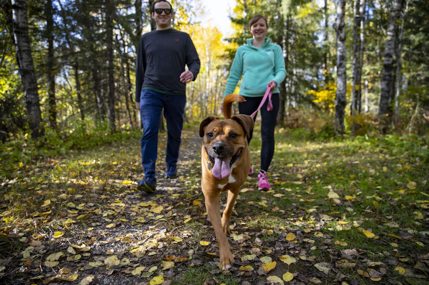 Chris Aepelbacher and Mary Krull walked along a trail in Duluth's Lester Park with Krull's dog, Laila. The engaged couple both bought homes to live near trails in Duluth so they could have easy and quick access for walking, running and hiking.