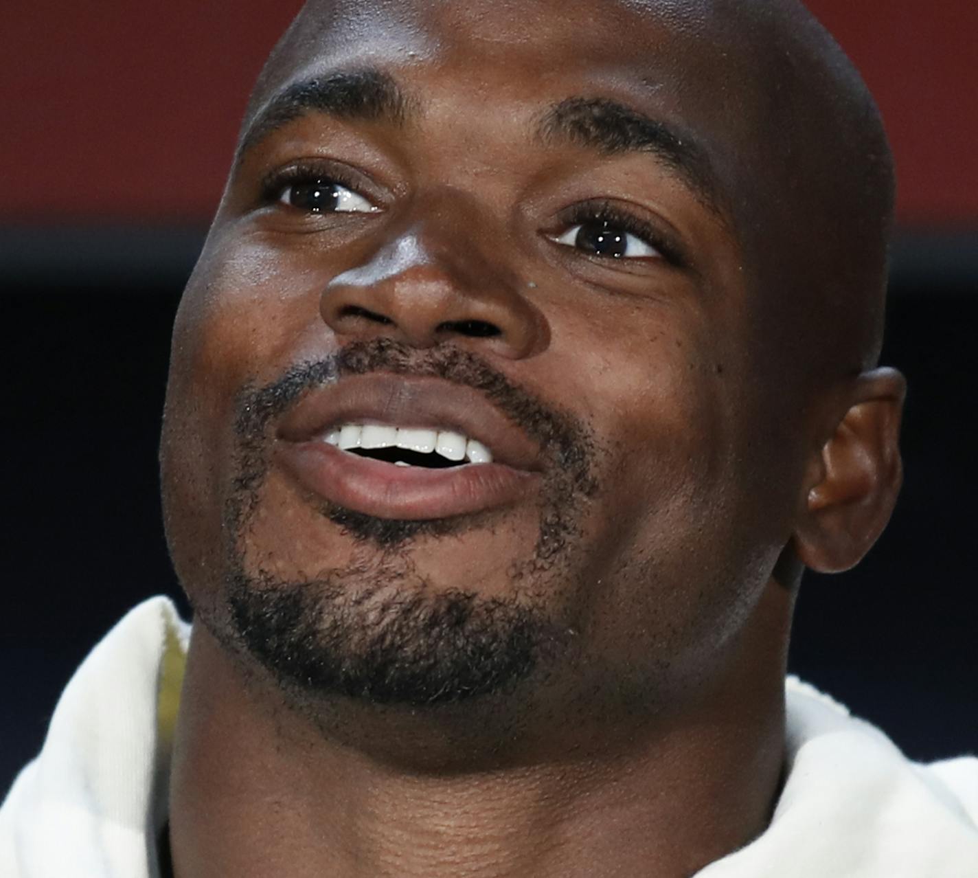 Washington Redskins running back Adrian Peterson (26) answers questions during a press conference after an NFL football game between the Washington Redskins and the Green Bay Packers, Sunday, Sept. 23, 2018 in Landover, Md. The Redskins defeated the Packers 31-17. (AP Photo/Alex Brandon)