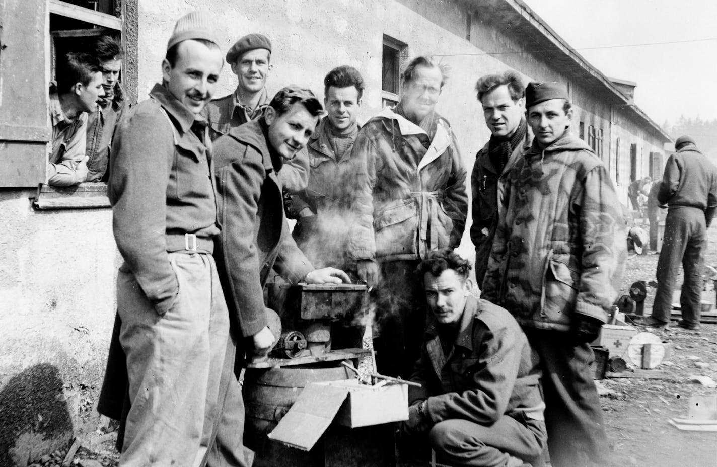 Lt. Charles Woehrle, standing second from right, with bunkmates at Stalag VIIA near Moosburg, Germany, where they were sent toward the end of WWII.