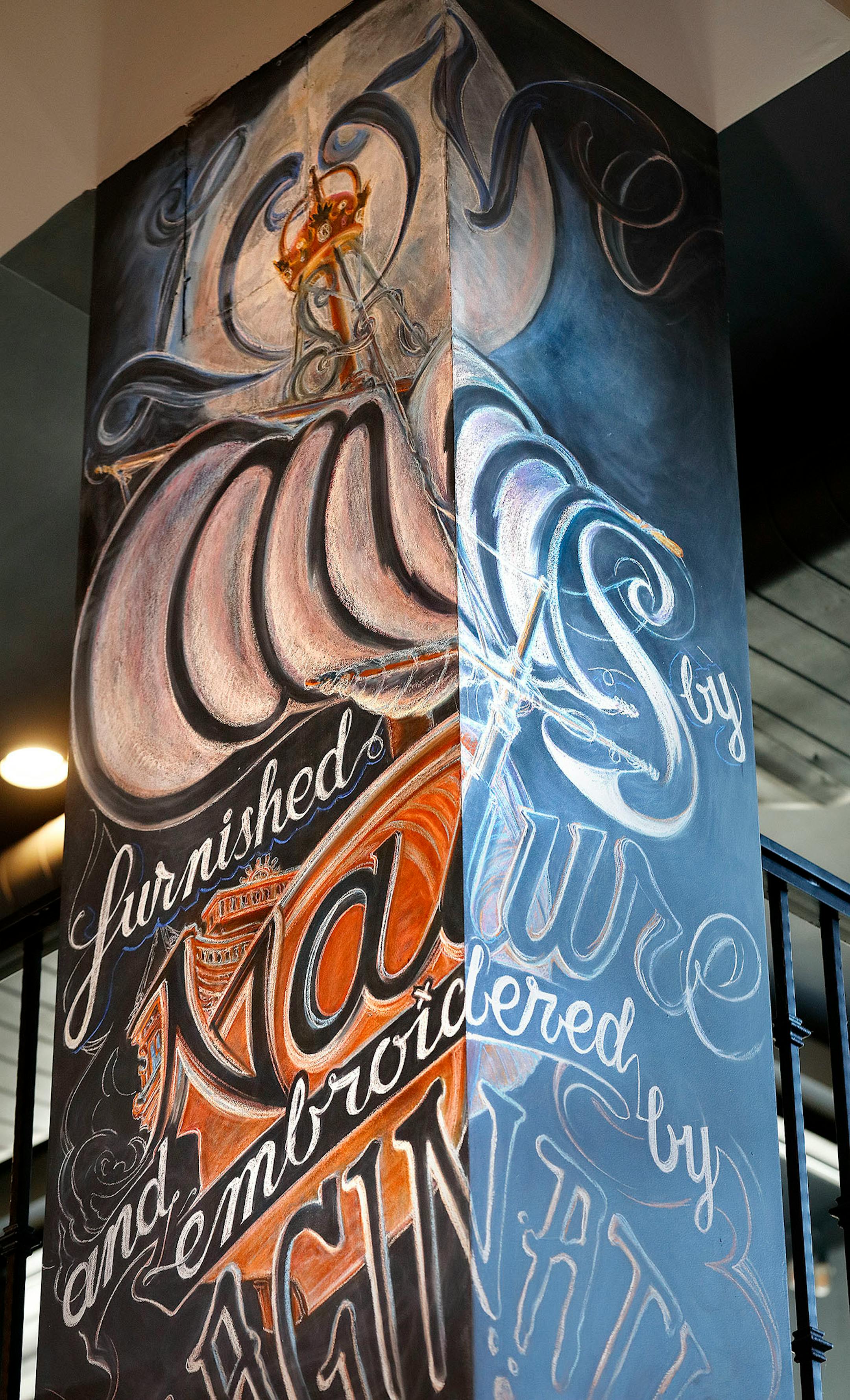 Adam Dennis work at Coup d'Etat restaurant in Uptown. Dennis' work include Smack Shack and the Pourhouse and is done with chalk and spray paint.