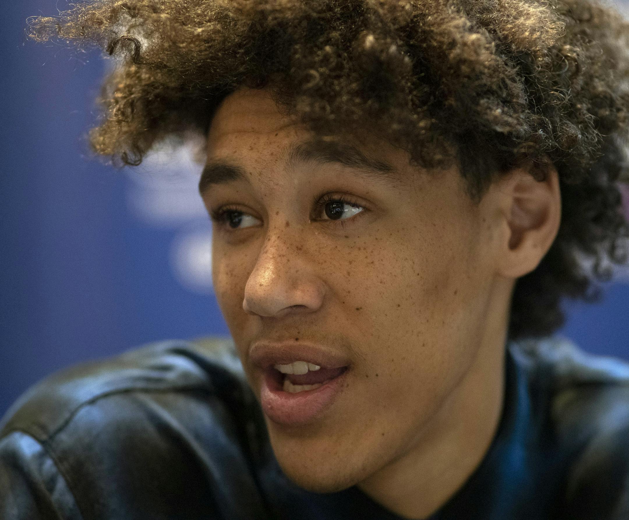 Jaxson Hayes, a freshman basketball player from Texas, attends the NBA Draft media availability, Wednesday, June 19, 2019, in New York. The draft will be held Thursday, June 20. (AP Photo/Mark Lennihan)