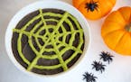 Halloween Black Bean-Olive Soup With Avocado Spiderwebs.