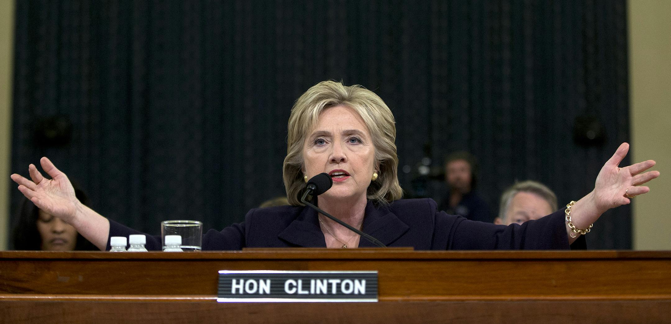 Democratic presidential candidate former Secretary of State Hillary Rodham Clinton testifies on Capitol Hill in Washington, Thursday, Oct. 22, 2015, before the House Select Committee on Benghazi. (AP Photo/Carolyn Kaster) ORG XMIT: MIN2015102313002638