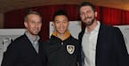From left, new Minneapolis City soccer coach Keith Kiecker with developmental player signing Tyler Johnson and team President Dan Hoedeman at The Loca