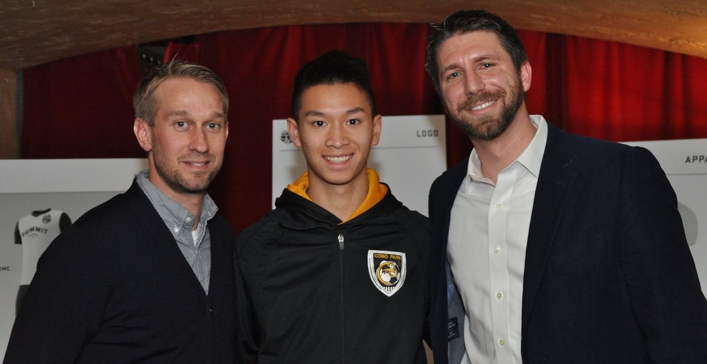 From left, new Minneapolis City soccer coach Keith Kiecker with developmental player signing Tyler Johnson and team President Dan Hoedeman at The Local in Minneapolis on Feb. 6, when the team had its logo unveiling. (Courtesy Minneapolis City soccer team) ORG XMIT: 3-IO-eXIpkT_RSuIrIY4