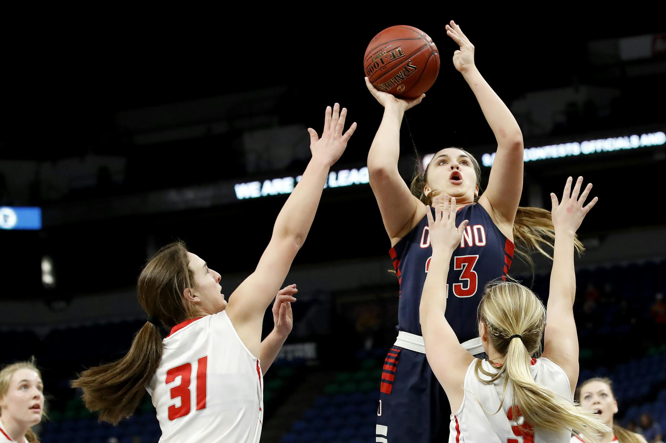Tori Andrew (23) of Orono attempted a shot in the second half. ] CARLOS GONZALEZ ï cgonzalez@startribune.com - March 14, 2017, Minneapolis, MN, Target Center, girls high school prep basketball, quarterfinal game, Class 3A, Willmar vs. Orono