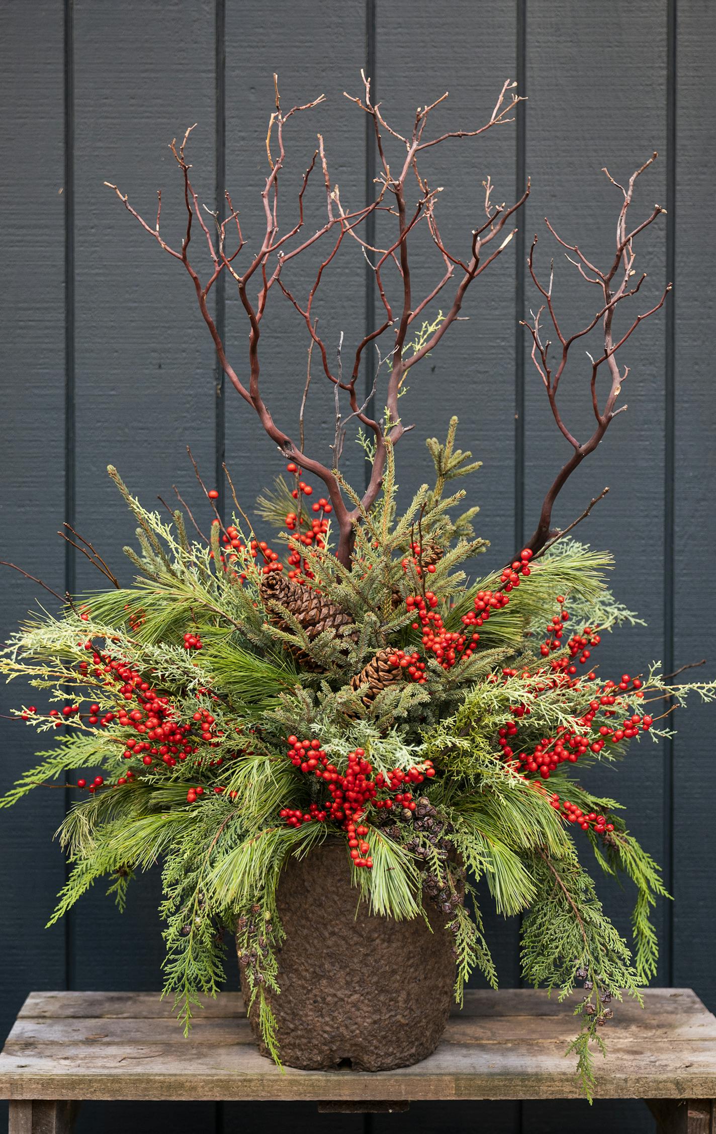 Holiday spruce planter design from Madeline Parks, the assistant manager at Leitner's Garden Center. ] LEILA NAVIDI &#x2022; leila.navidi@startribune.com BACKGROUND INFORMATION: Ideas and steps for winter and holiday spruce planters from Leitner's Garden Center in St. Paul on Friday, November 1, 2019.