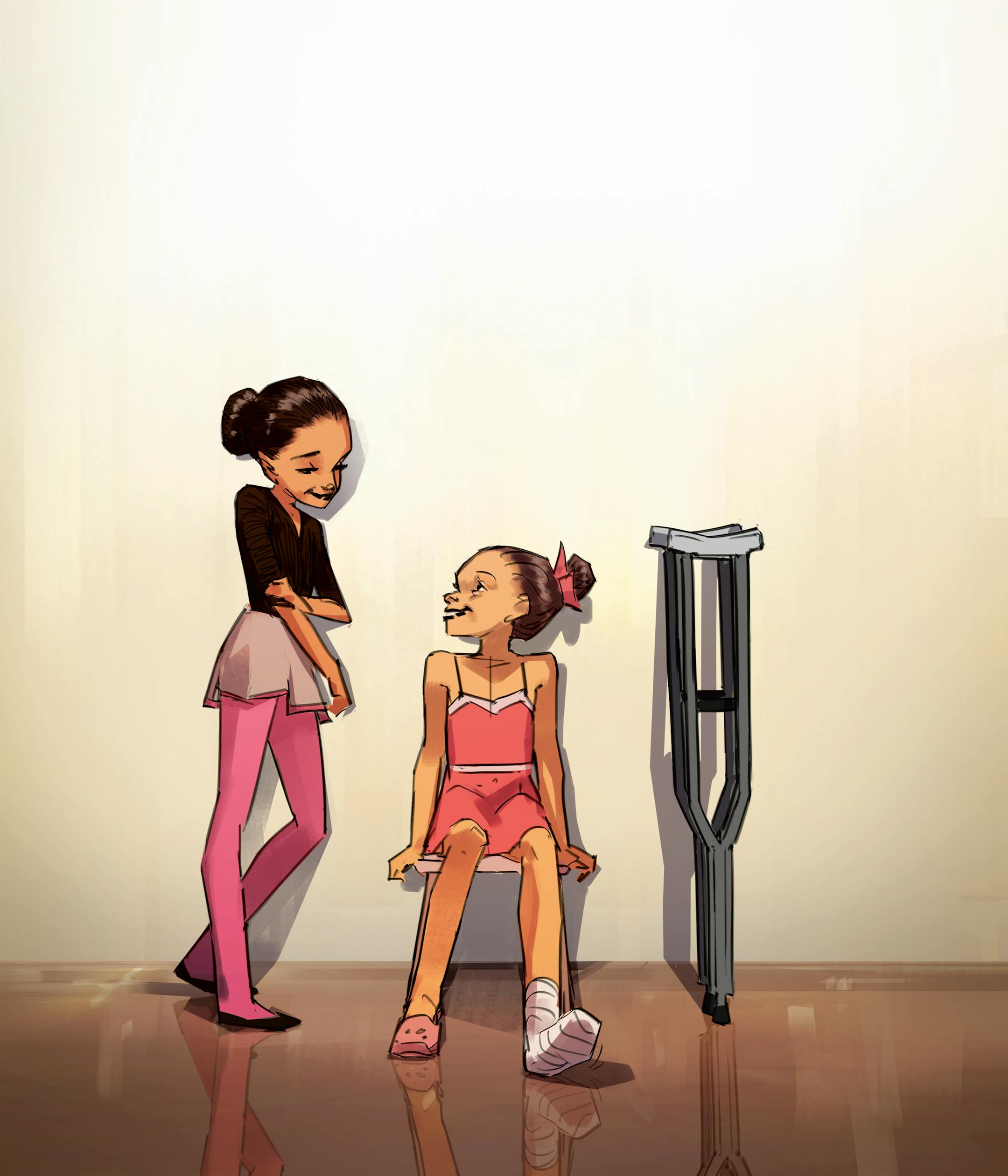 illustration of two young girls in ballet clothes, one of whom has crutches