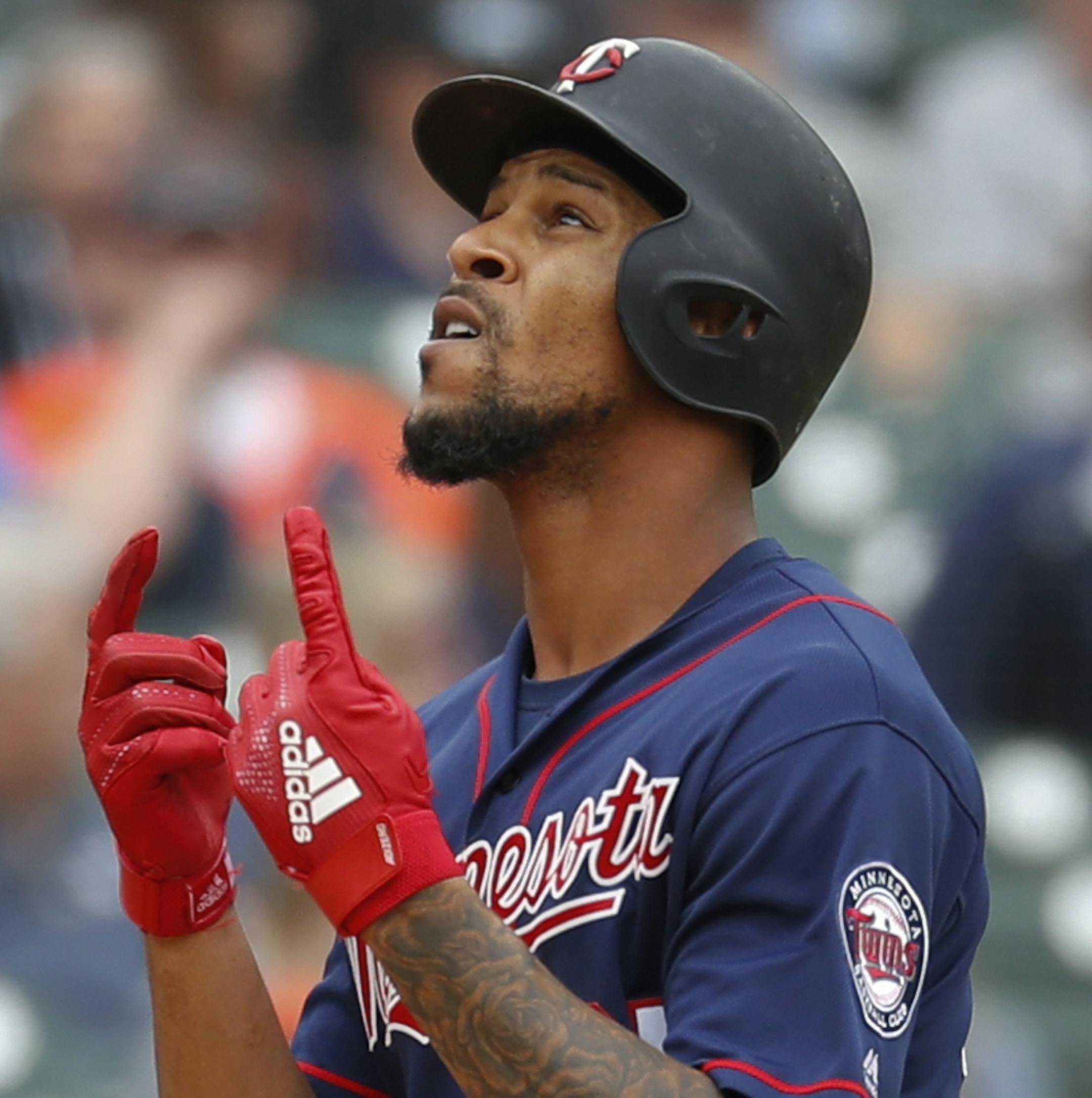 Minnesota Twins' Byron Buxton celebrates his two-run home run in the sixth inning of a baseball game against the Detroit Tigers in Detroit, Sunday, June 9, 2019. (AP Photo/Paul Sancya)