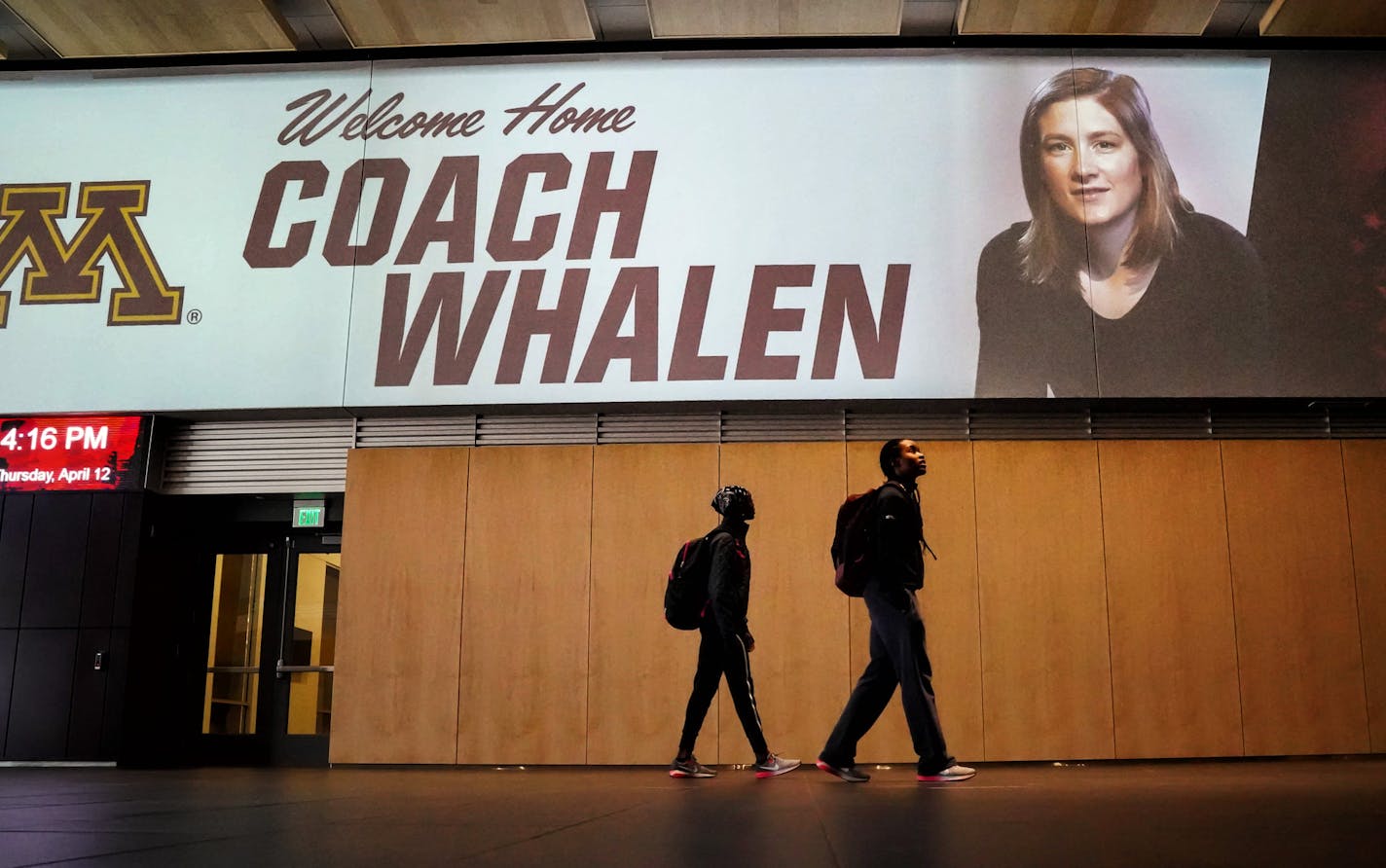 Signs in the Bierman Field Athletic Building welcomed Lindsay Whalen as the new coach of the Gophers women's basketball team.