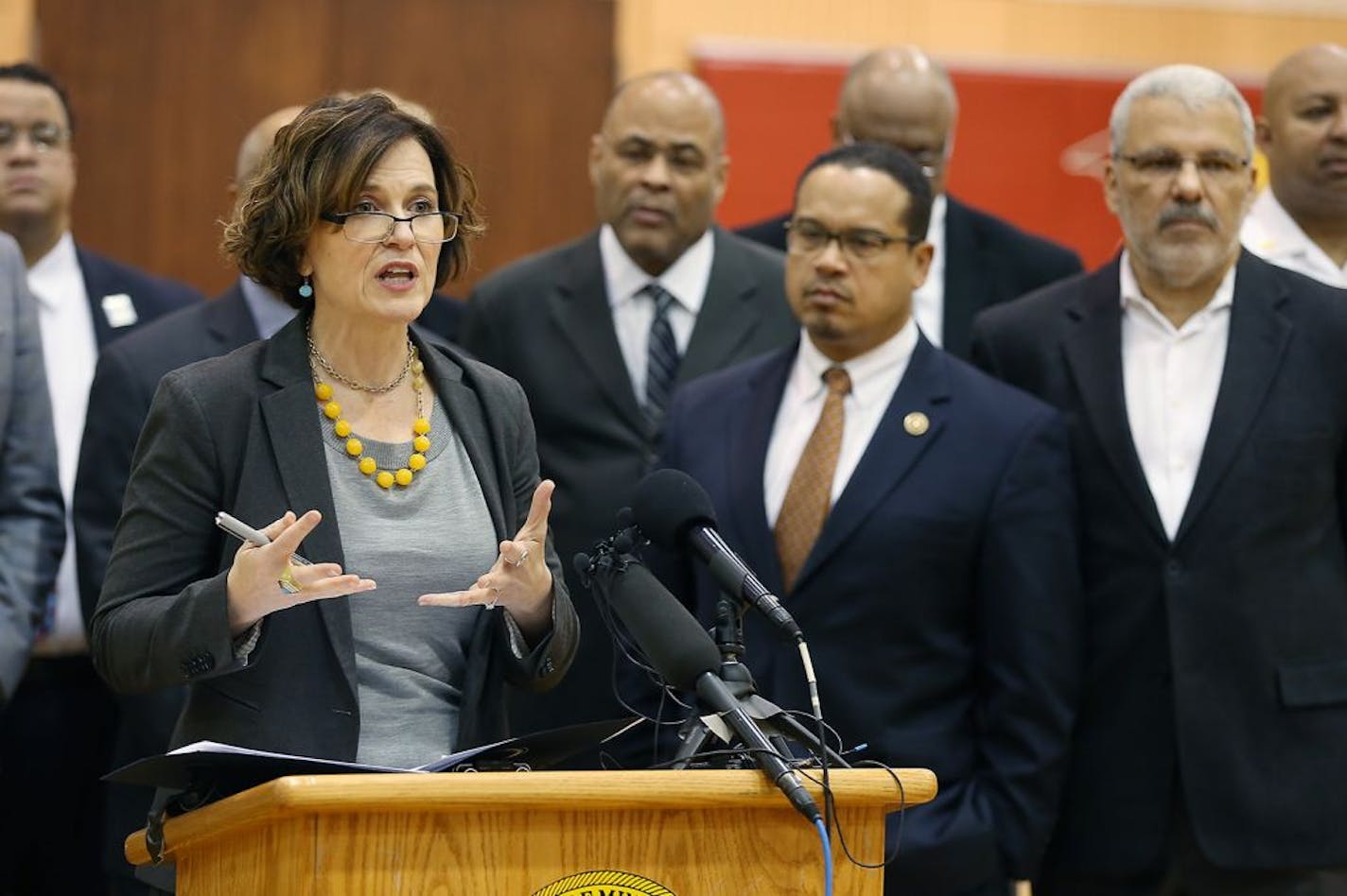 Minneapolis Mayor Betsy Hodges spoke at a press conference Monday, with U.S. Rep. Keith Ellison standing beside her, and called for an end to the encampment by protesters outside the Fourth Precinct.