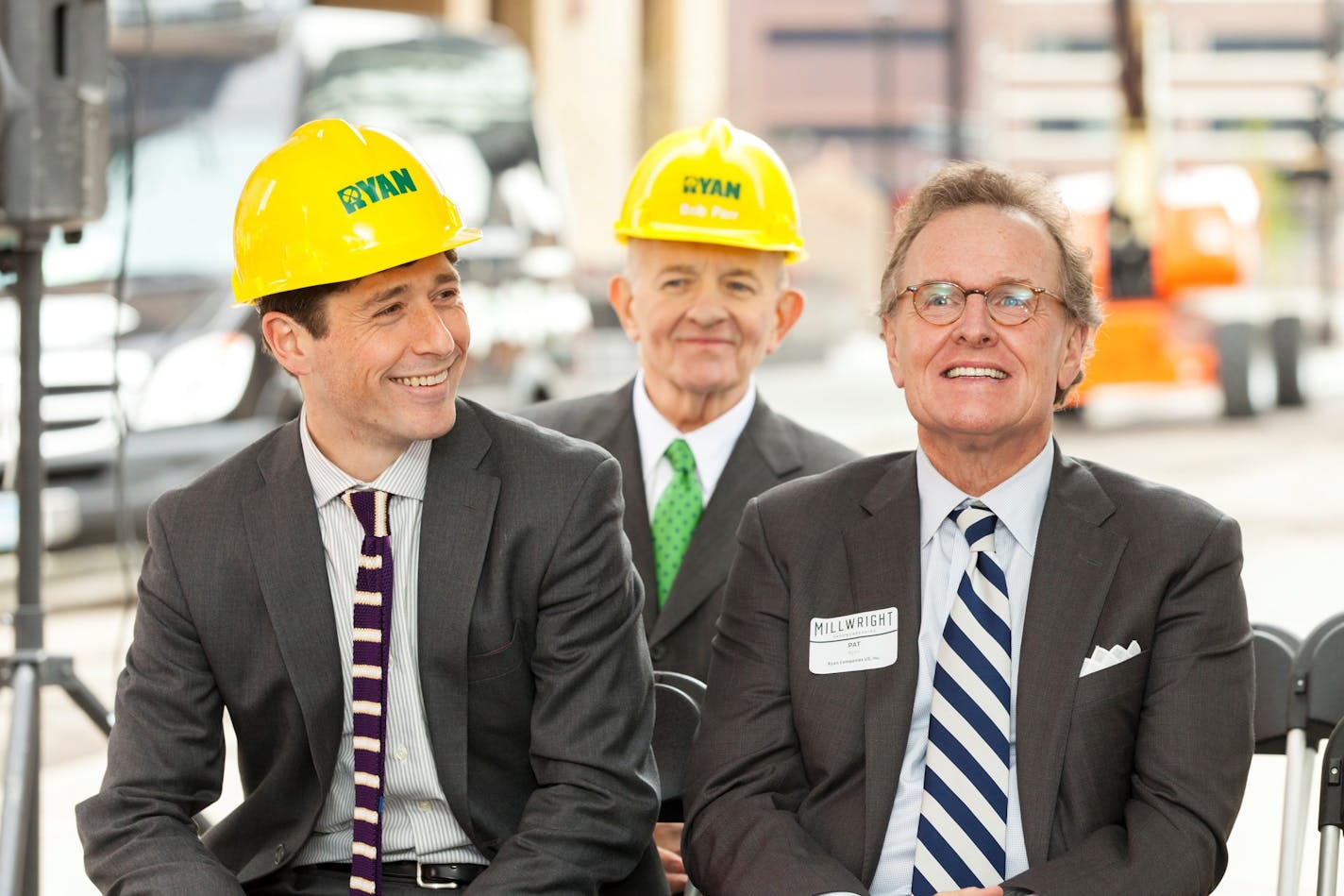 Pat Ryan, right, and then-City Councilman Jacob Frey toured the site of the Ryan Cos.' Millwright Building at its groundbreaking in 2016. Ryan, 64, will step down as CEO of the development firm next month.