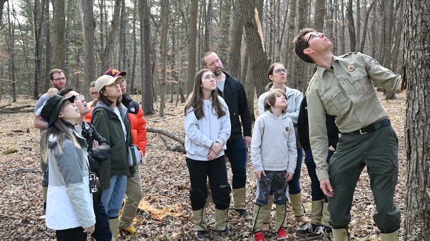 DNR Interpretive Naturalist Sean Hoppes leading a Maple Syrup program in Wild River State Park