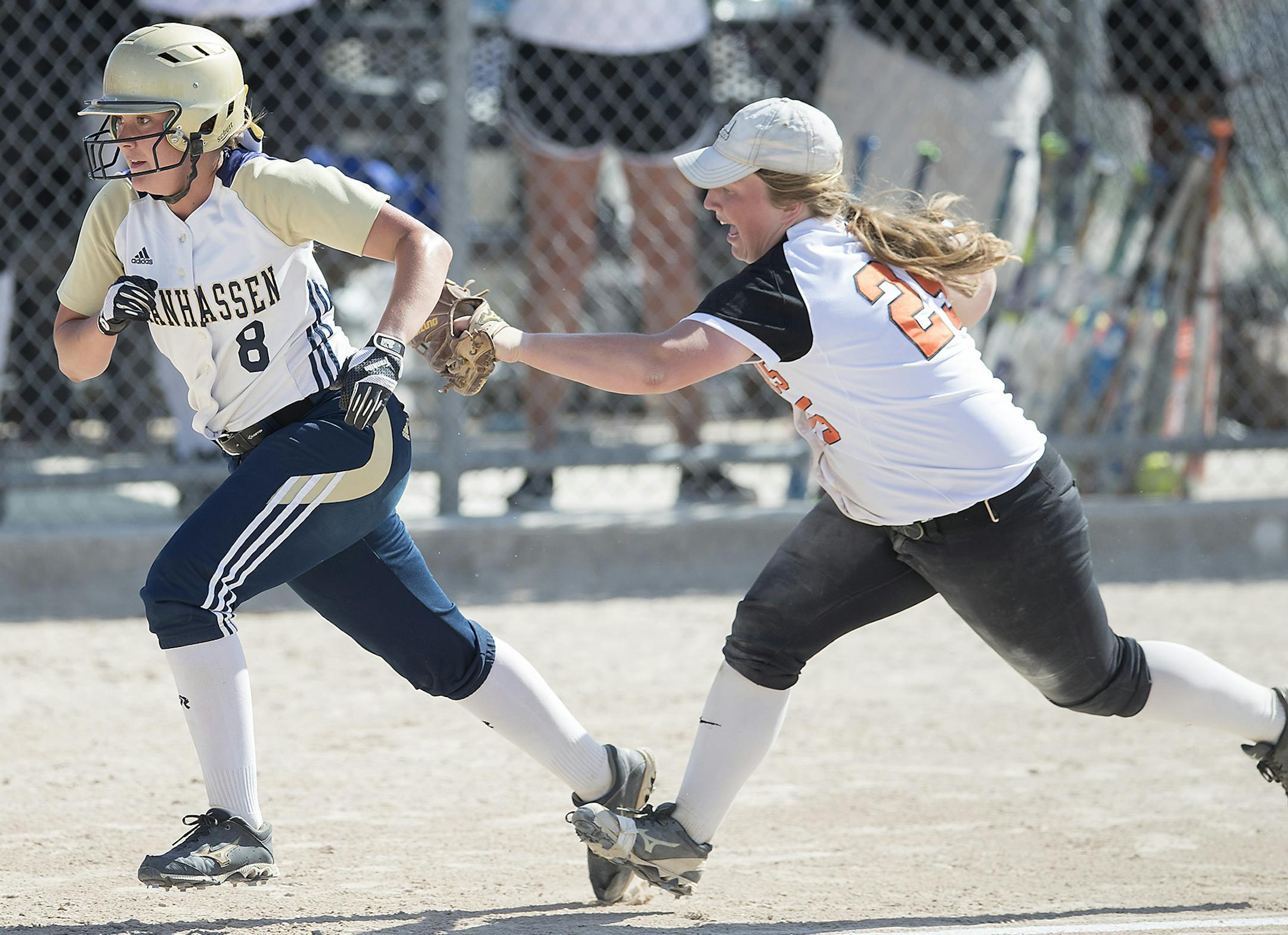 Farmington's Emma Frost tagged out Chanhassen's Kali O'Keeffe during the first inning of the Girls softball state tournament at Caswell Park, Thursday, June 8, 2017 in North Mankato, MN. ] ELIZABETH FLORES ï liz.flores@startribune.com