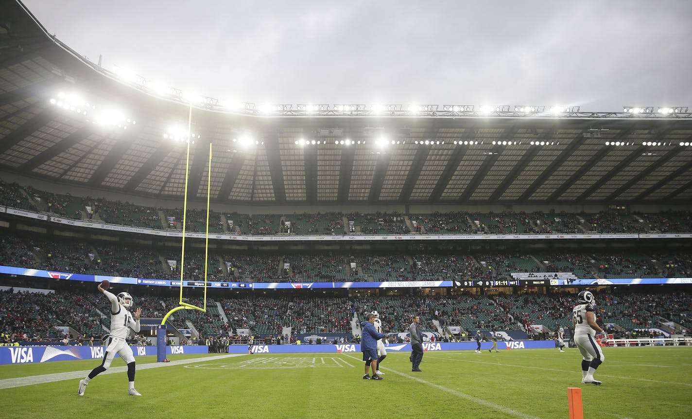 Los Angeles Rams quarterback Jared Goff (16) warms up before an NFL football game against Arizona Cardinals at Twickenham Stadium in London, Sunday Oct. 22, 2017. (AP Photo/Tim Ireland)