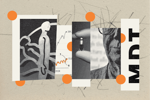 A collage of black and white images including the Medtronic logo, a fever chart showing stock prices, a pacemaker and a smiling man.