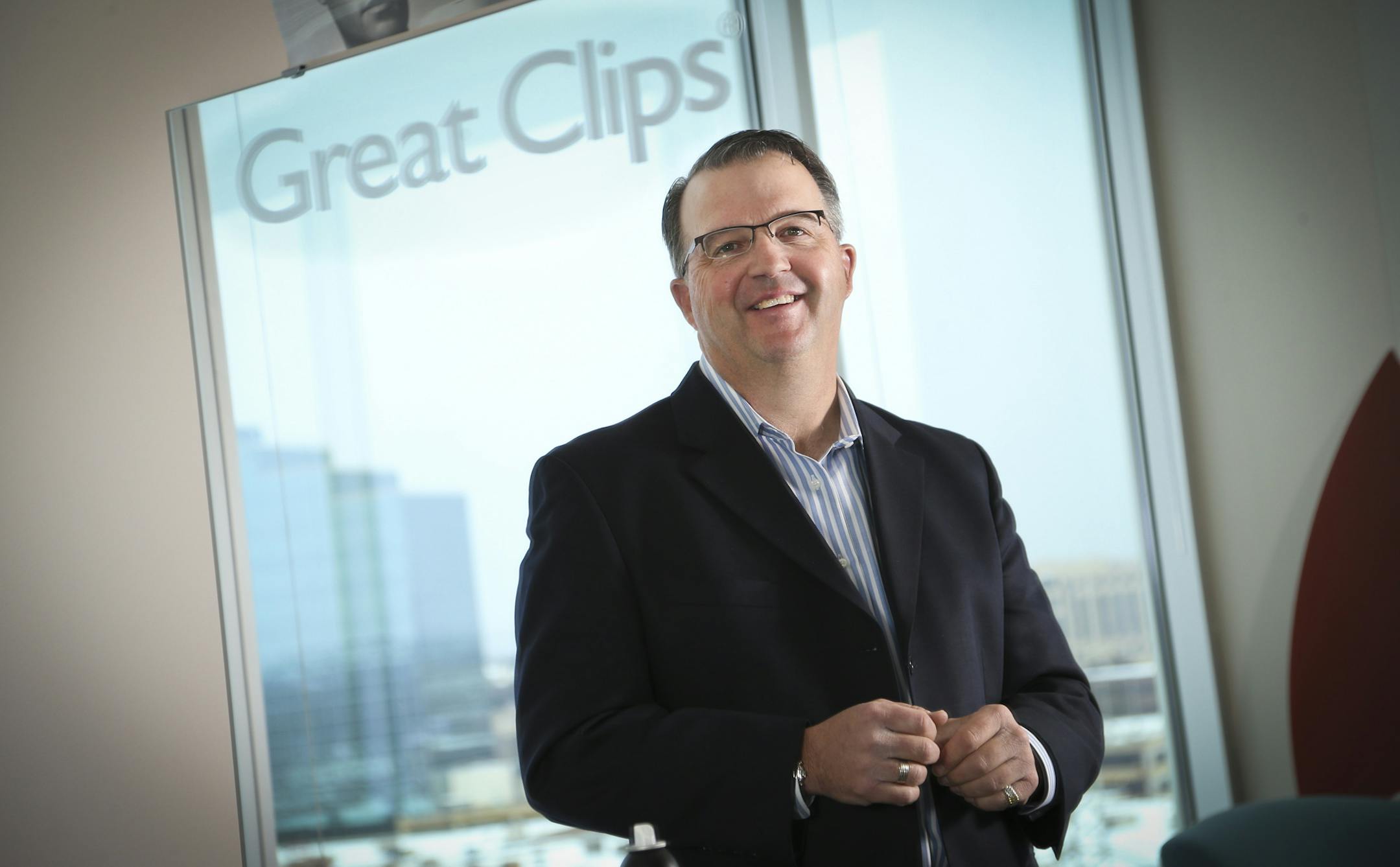 New Great Clips president Steve Hockett posed for a picture in a styling mirror at Great Clips headquarters on Thursday, February 13, 2014 in Bloomington, Minn.] (RENEE JONES SCHNEIDER reneejones@startribune.com)