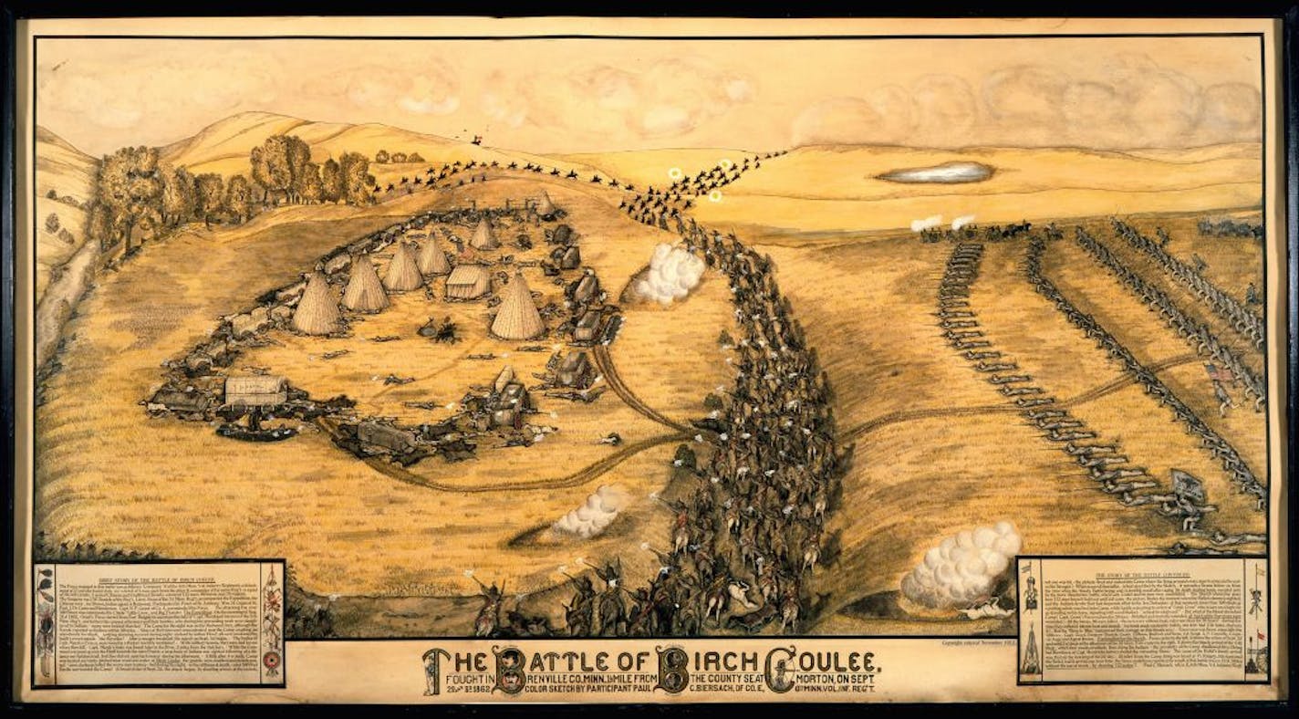 Image provided by Minnesota Historical Society Lithograph from 1912 depicting the Battle of Birch Coulee. One of the hardest fought battles of the U.S.-Dakota War, the Battle of Birch Coulee, was fought here. Visitors can walk a self-guided trail through recreated prairie and read about the battle from the perspectives of Joseph Anderson, a captain in the U.S. Army, and Wamditanka (Big Eagle), a Mdewakanton soldier. Sketches from soldier Albert Colgrave provide vivid battle details. Guide posts