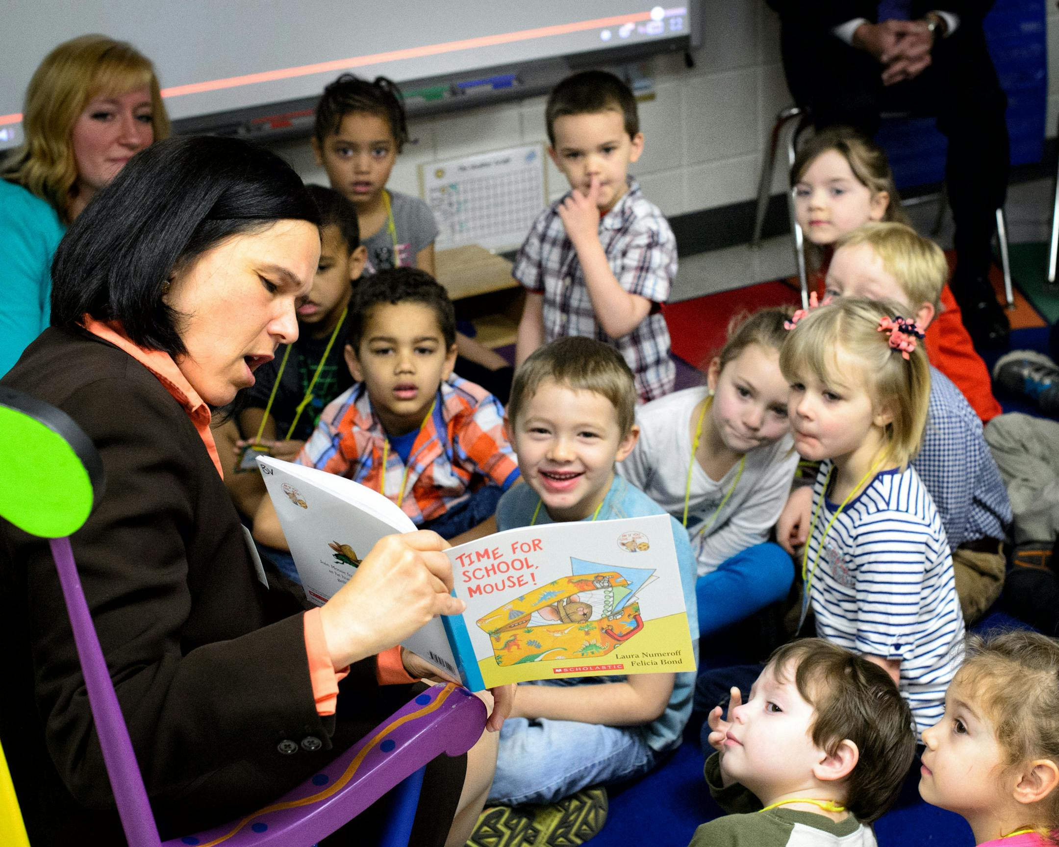 Education Commissioner Brenda Cassellius read "Time for School, Mouse!" to the Pre K class. ] GLEN STUBBE * gstubbe@startribune.com Friday, March 20, 2015 Governor Mark Dayton, Education Commissioner Brenda Cassellius, and area legislators will visit a preschool classroom at Newport Elementary School. Senator Katie Sieben, Senator Susan Kent, and Representative Dan Schoen, visited with preschool students, teachers, and parents, and discuss the impact of their proposal to send every Minnesota fou