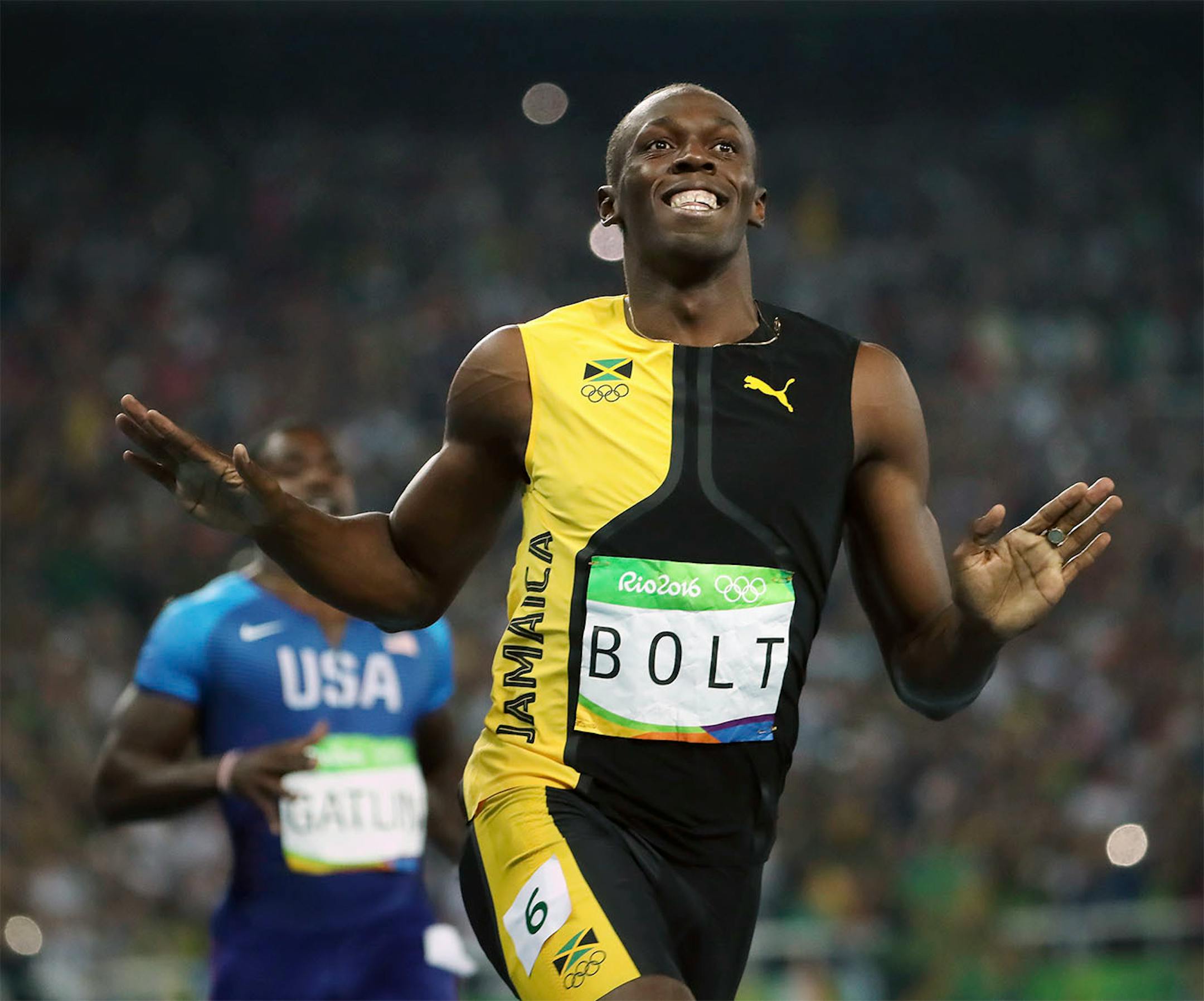 Men's 100 meter final. Jamaica's Usain Bolt, wins gold again beating USA's Justin Gatlin.
