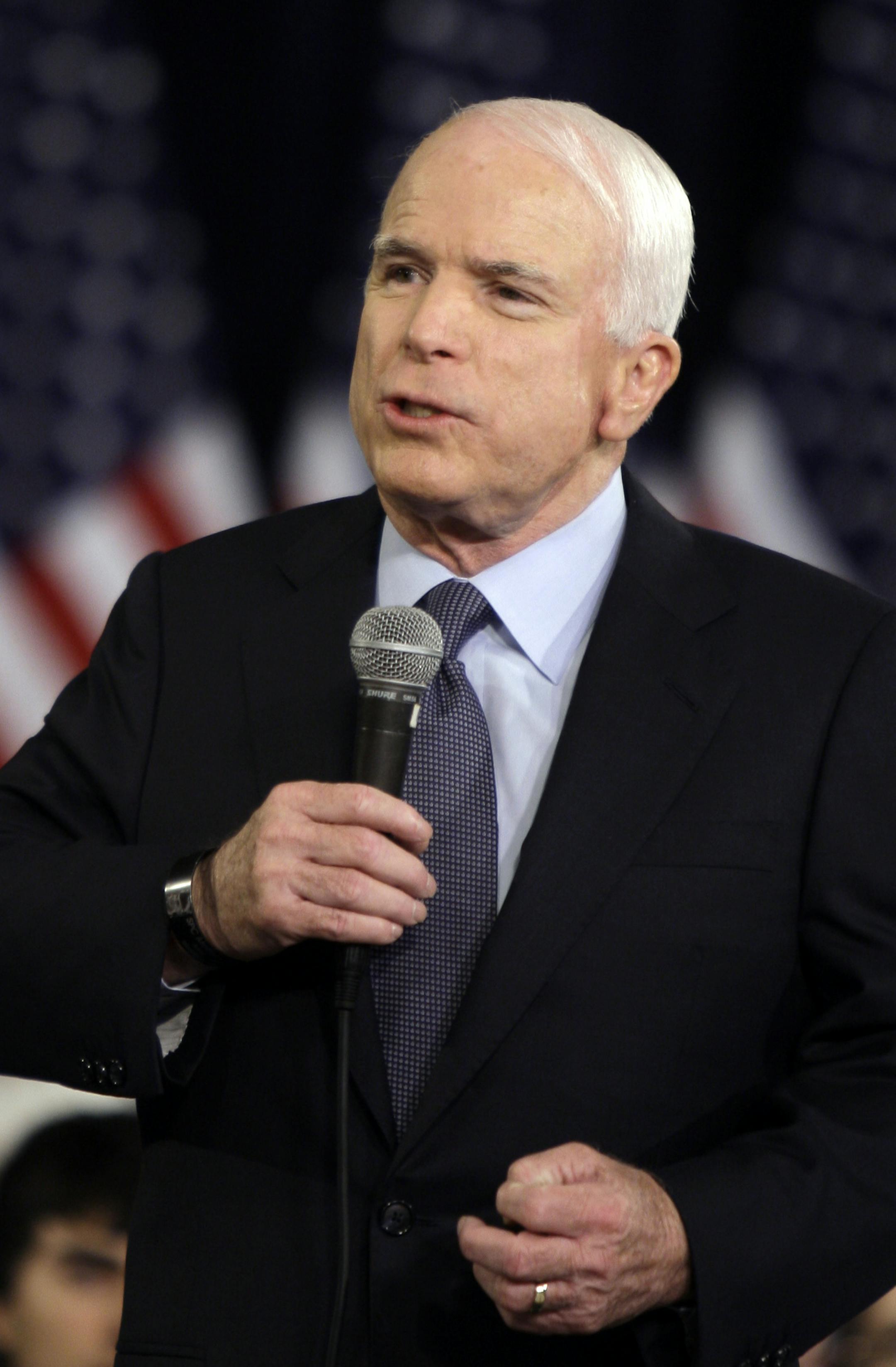 Republican presidential candidate Sen. John McCain, R-Ariz., makes a campaign stop at the Hotel Albuquerque in Old Town in Albuquerque, N.M., Tuesday, July 15, 2008. McCain said Tuesday that more American forces were needed in Afghanistan, and proposed the kind of troop buildup that has brought down violence in Iraq. He further said that he knew more than Obama about "how to win wars", and that he will bring Osama bin Laden to justice. (AP Photo/Carolyn Kaster)