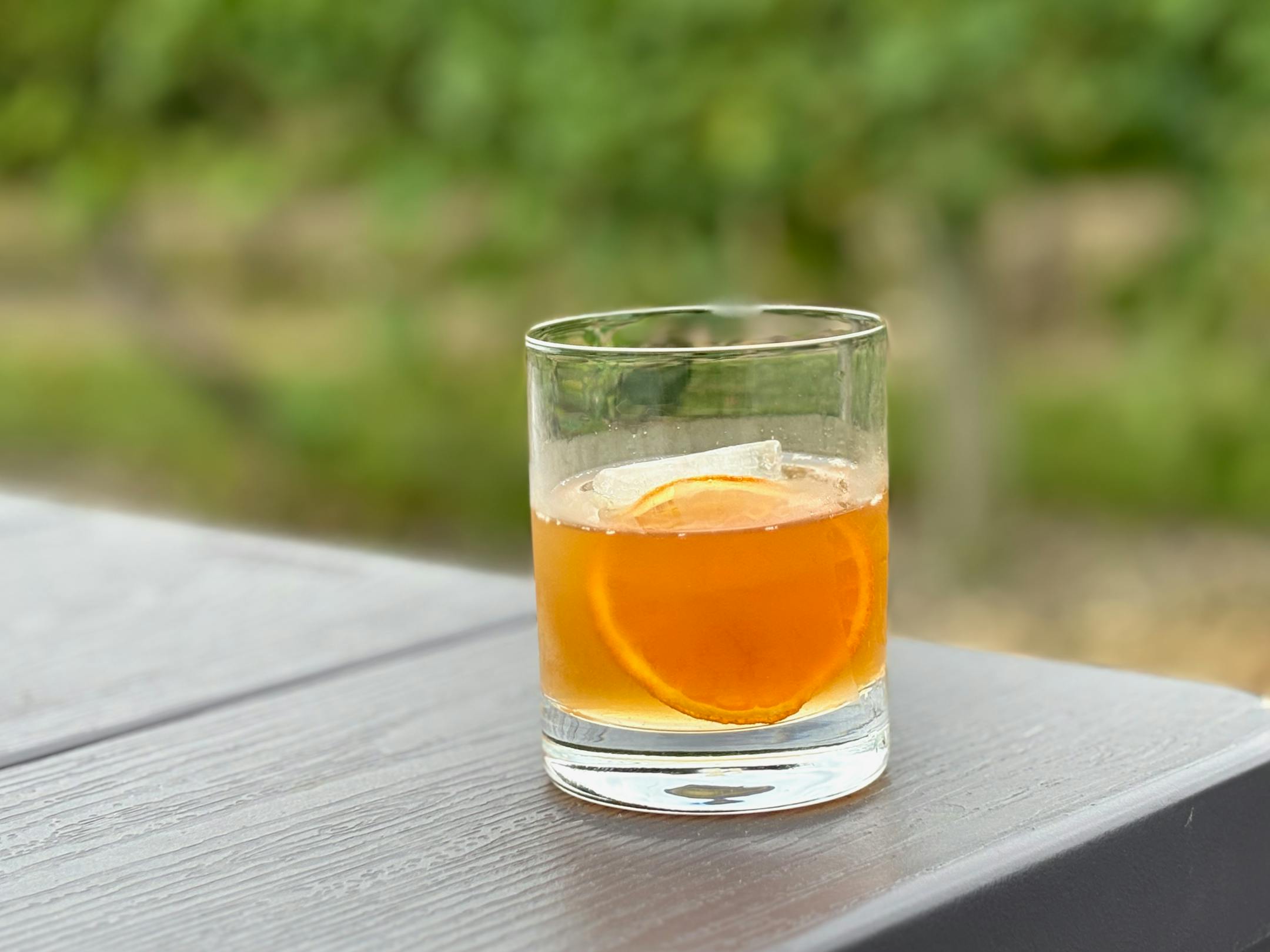 Four Daughters Vineyard Rhubarb Old Fashioned with Traditionalist Bourbon on the patio at the winery.