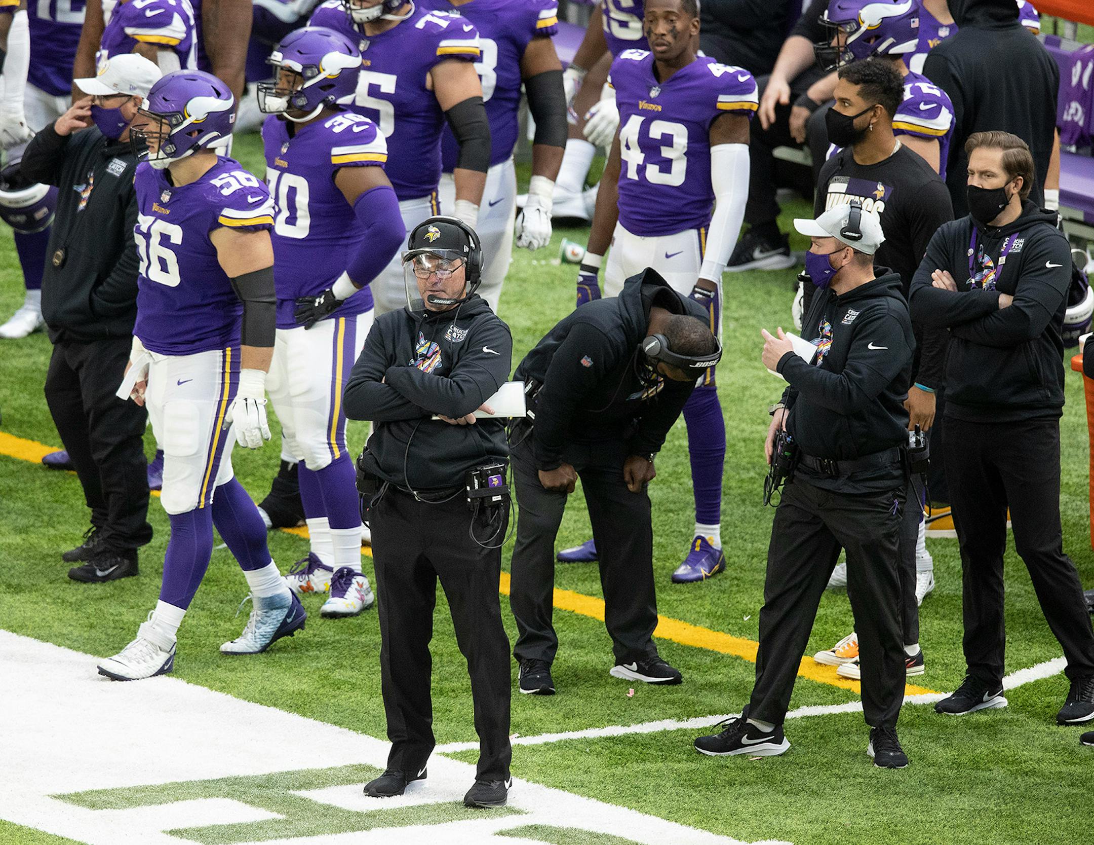 Minnesota Vikings head coach Mike Zimmer and staff reacted after giving up a 40 yard touchdown pass to Atlanta Falcons wide receiver Julio Jones (11).