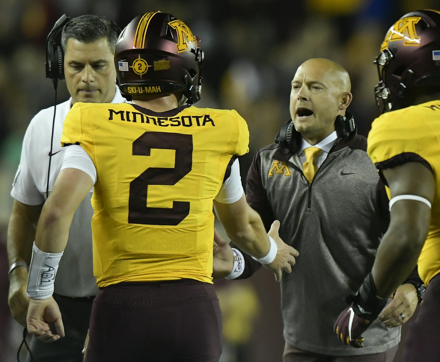 Minnesota Gophers head coach PJ Fleck celebrated with quarterback Tanner Morgan (2) after a second quarter touchdown against the South Dakota State Jackrabbits. ] Aaron Lavinsky • aaron.lavinsky@startribune.com The Minnesota Gophers played South Dakota State Jackrabbits on Thursday, Aug. 29, 2019 at TCF Bank Stadium in Minneapolis, Minn. ORG XMIT: MIN1908292130093970