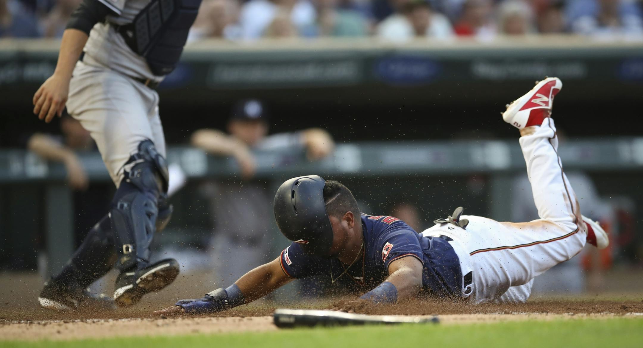 Minnesota Twins third baseman Luis Arraez scored in the second inning on a Jake Cave sacrifice fly.